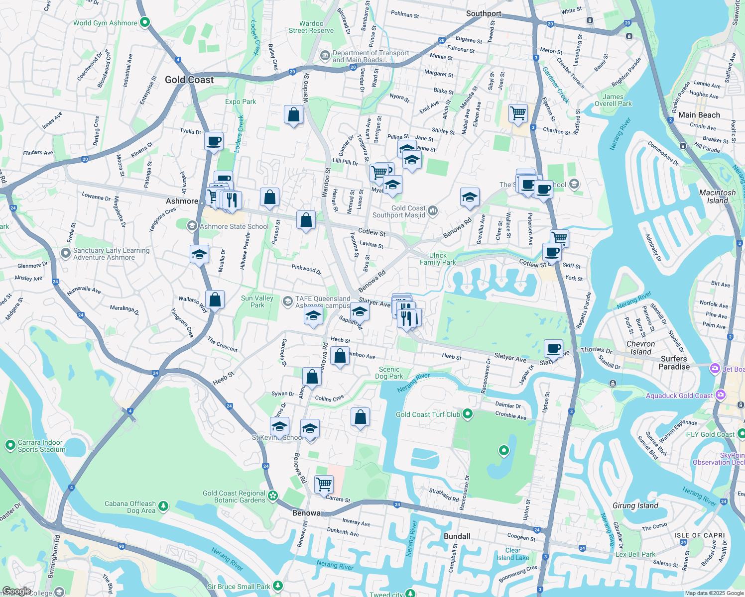 map of restaurants, bars, coffee shops, grocery stores, and more near 128 Benowa Road in Southport