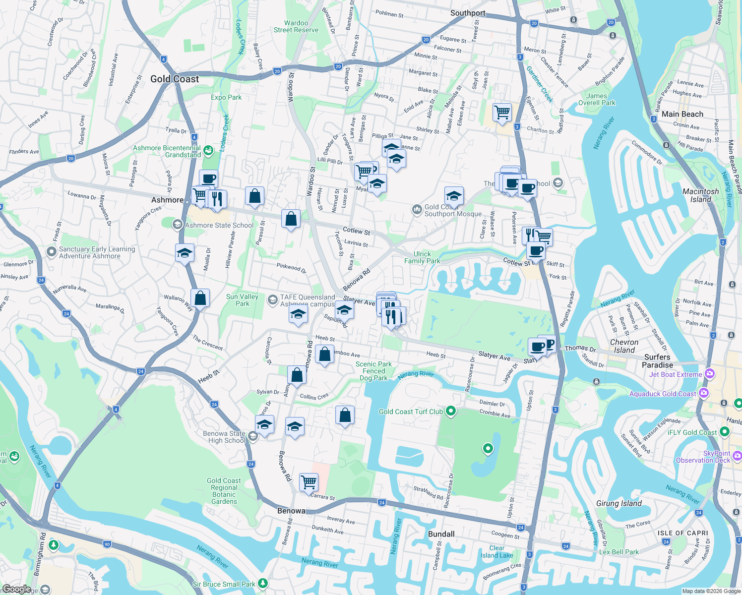 map of restaurants, bars, coffee shops, grocery stores, and more near 128 Benowa Road in Southport