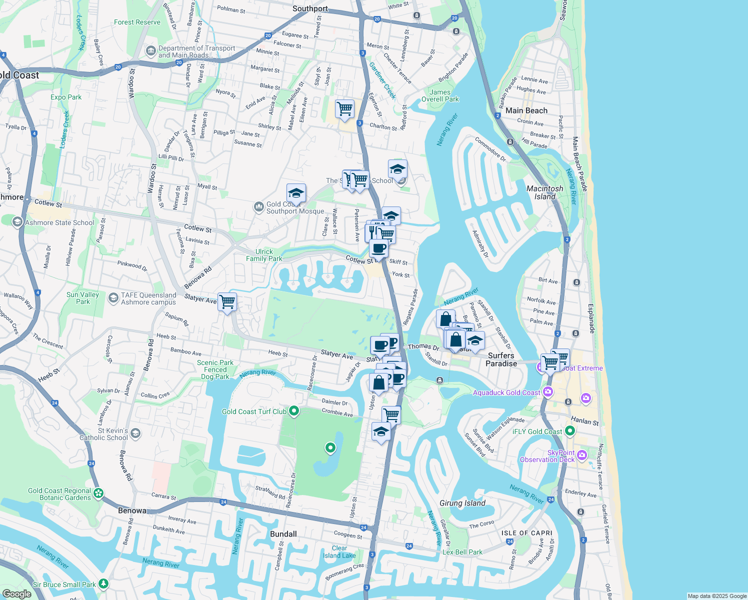 map of restaurants, bars, coffee shops, grocery stores, and more near 8 Bradbrook Street in Southport
