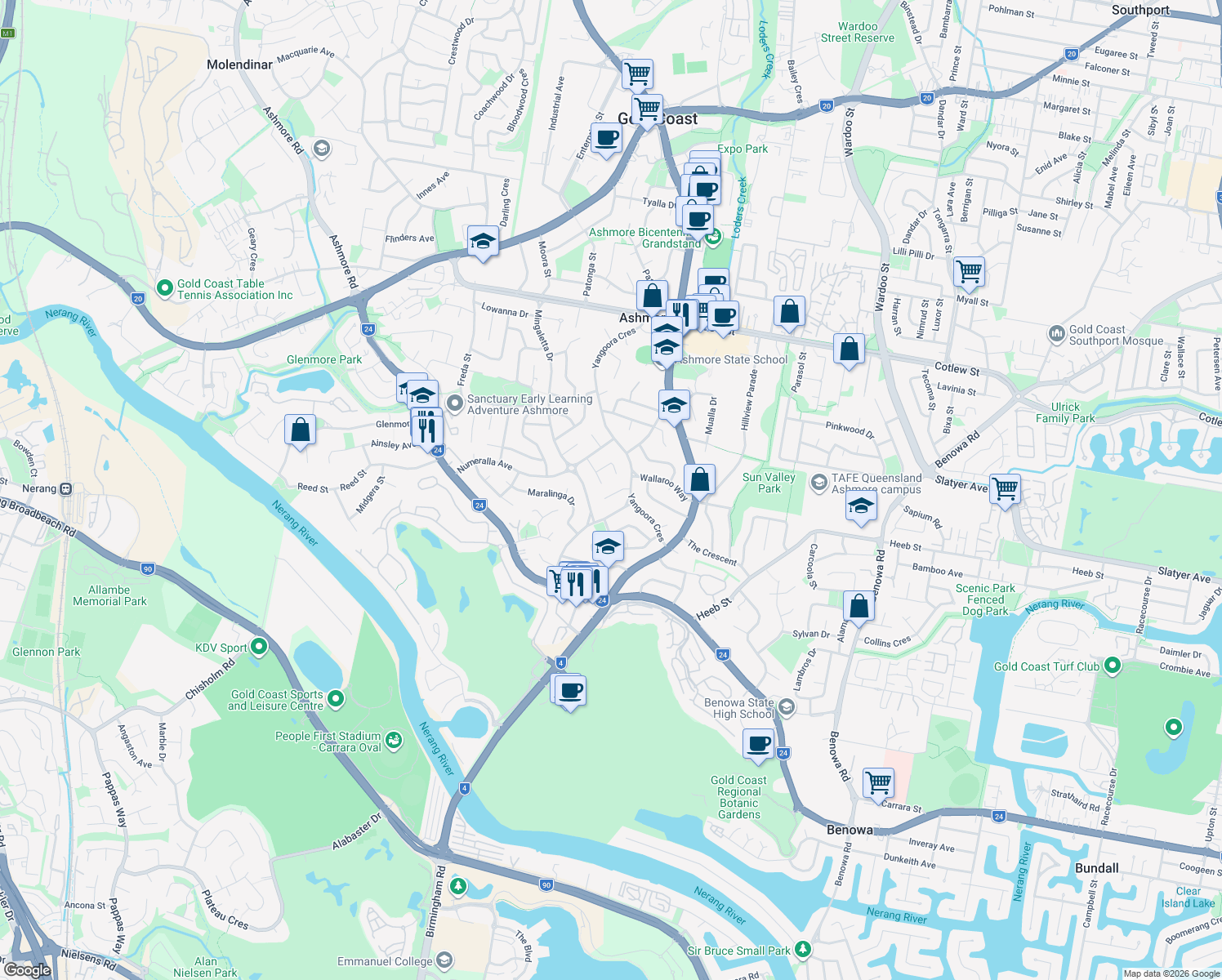 map of restaurants, bars, coffee shops, grocery stores, and more near 9 Milbong Terrace in Ashmore