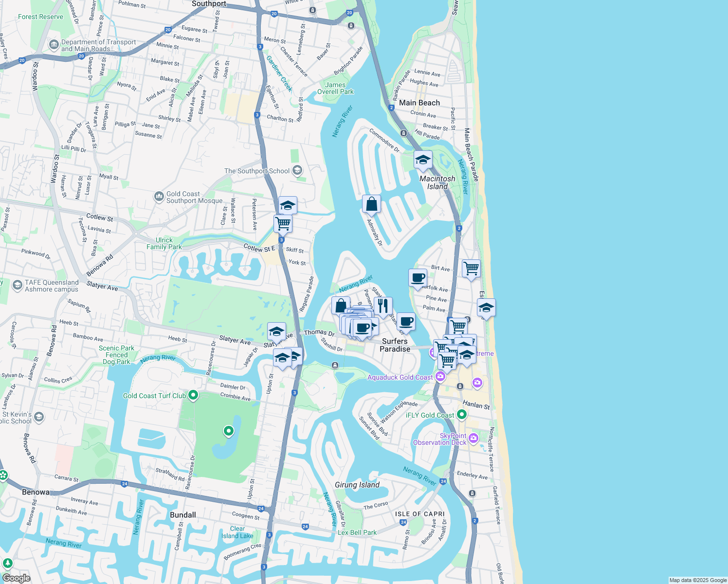 map of restaurants, bars, coffee shops, grocery stores, and more near 120 Stanhill Drive in Surfers Paradise