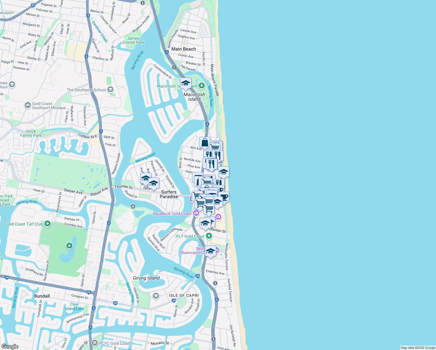 map of restaurants, bars, coffee shops, grocery stores, and more near 84 The Esplanade in Surfers Paradise