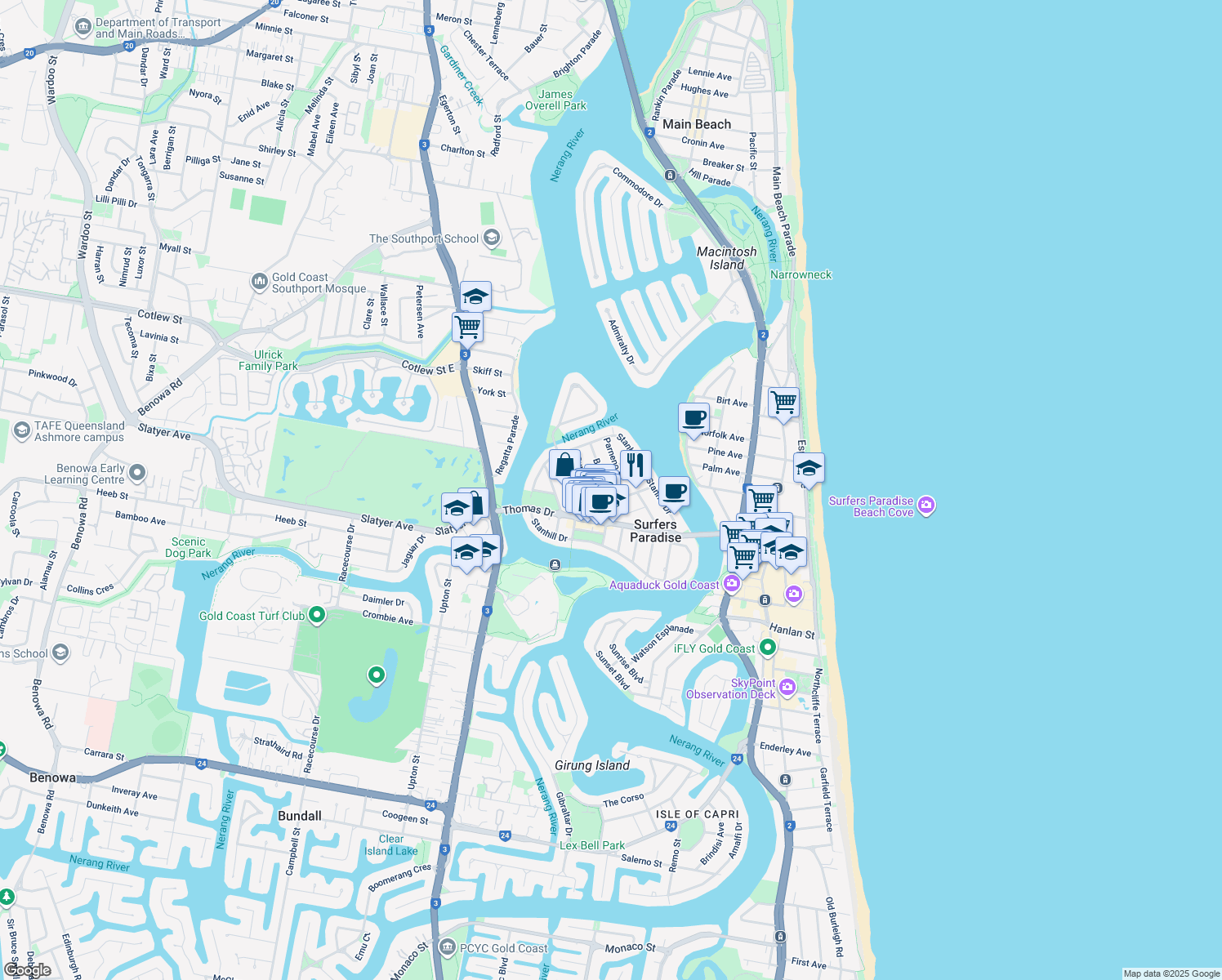 map of restaurants, bars, coffee shops, grocery stores, and more near 25 Burra Street in Surfers Paradise