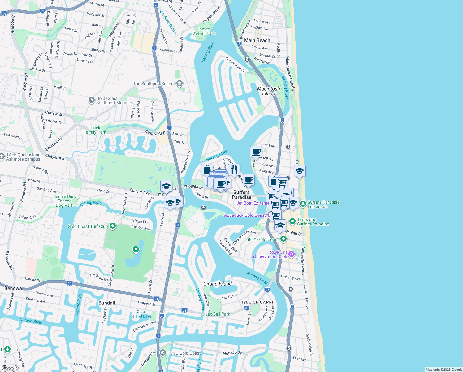 map of restaurants, bars, coffee shops, grocery stores, and more near 9 Adori Street in Surfers Paradise