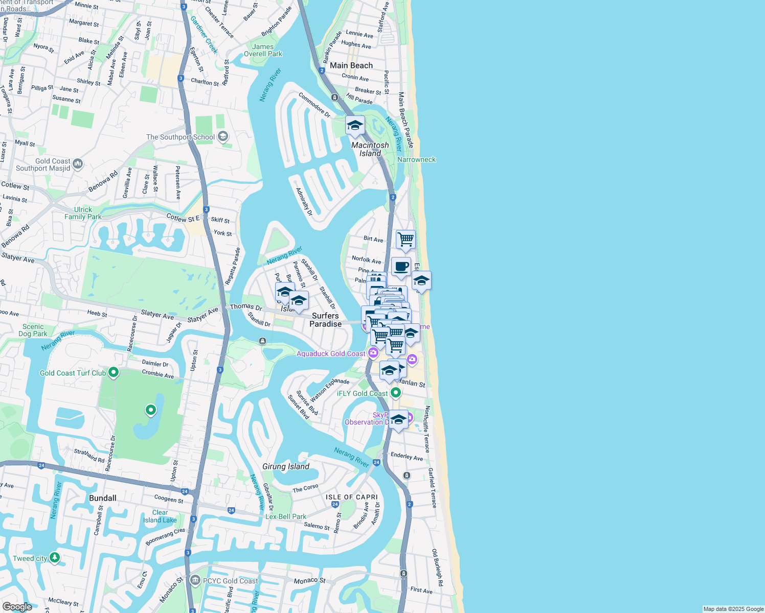 map of restaurants, bars, coffee shops, grocery stores, and more near 73 Ferny Avenue in Surfers Paradise