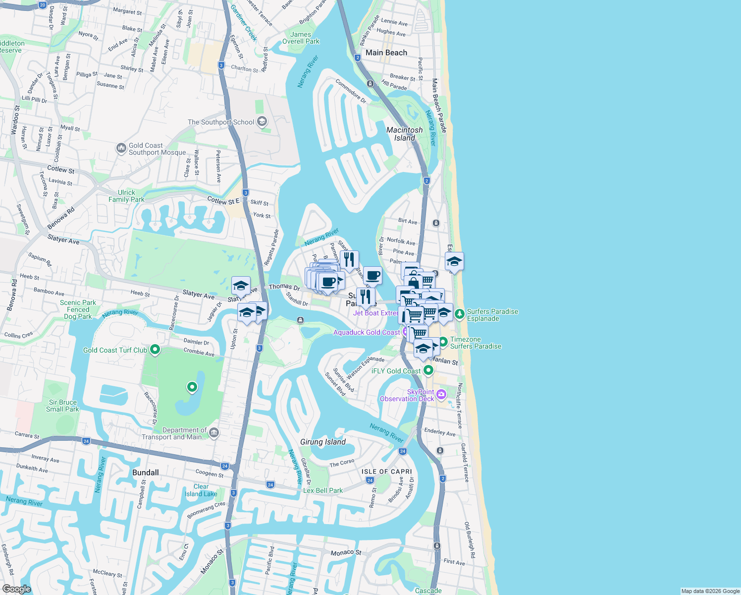 map of restaurants, bars, coffee shops, grocery stores, and more near 34 Stanhill Drive in Surfers Paradise