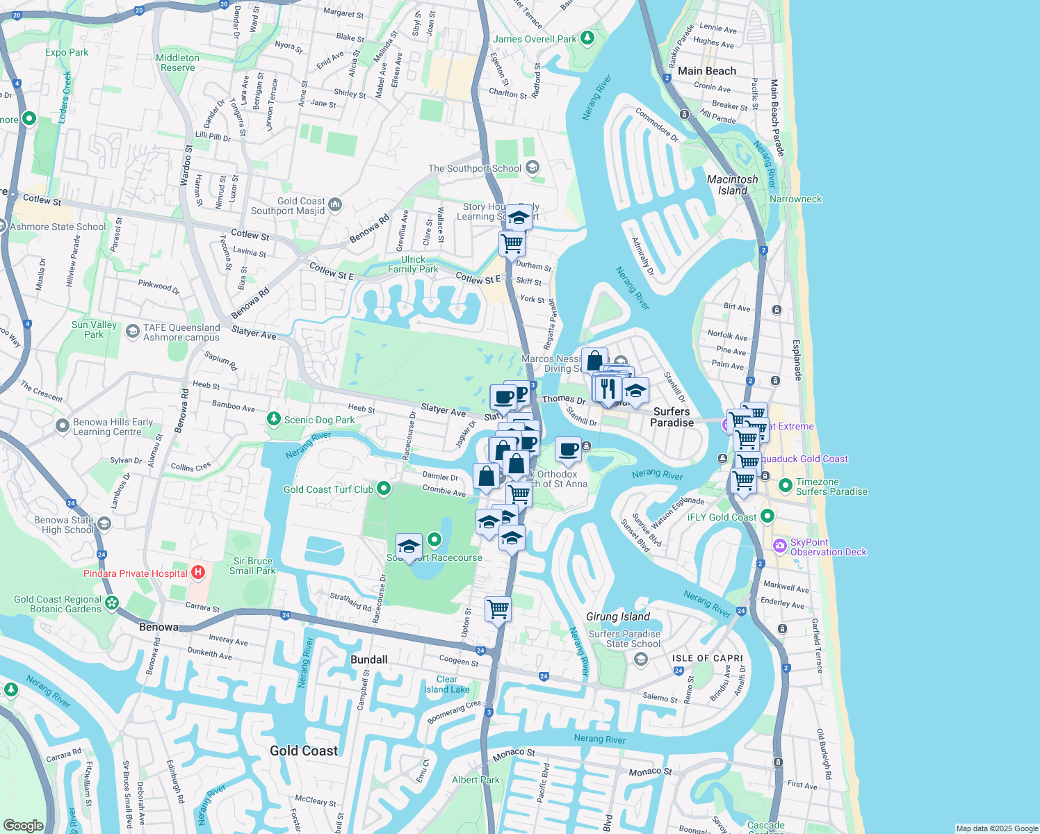 map of restaurants, bars, coffee shops, grocery stores, and more near 1 Corporate Court in Bundall