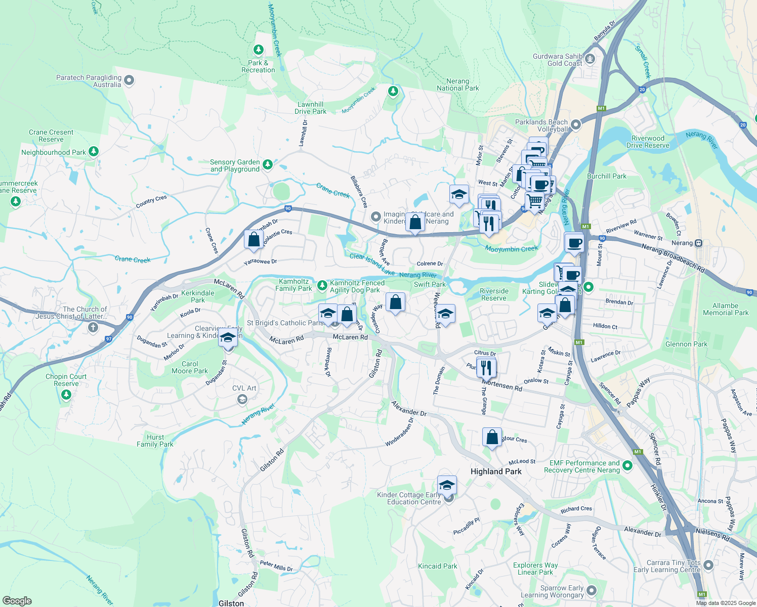 map of restaurants, bars, coffee shops, grocery stores, and more near 1 Pict Court in Nerang