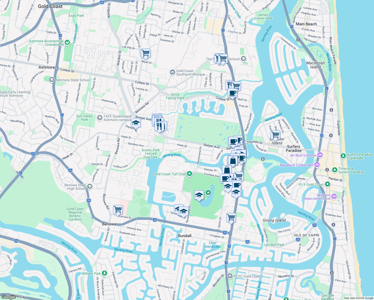 map of restaurants, bars, coffee shops, grocery stores, and more near 11 Waterford Court in Bundall