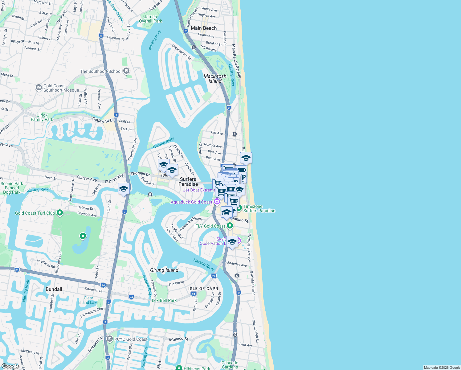 map of restaurants, bars, coffee shops, grocery stores, and more near Elkhorn Avenue in Surfers Paradise