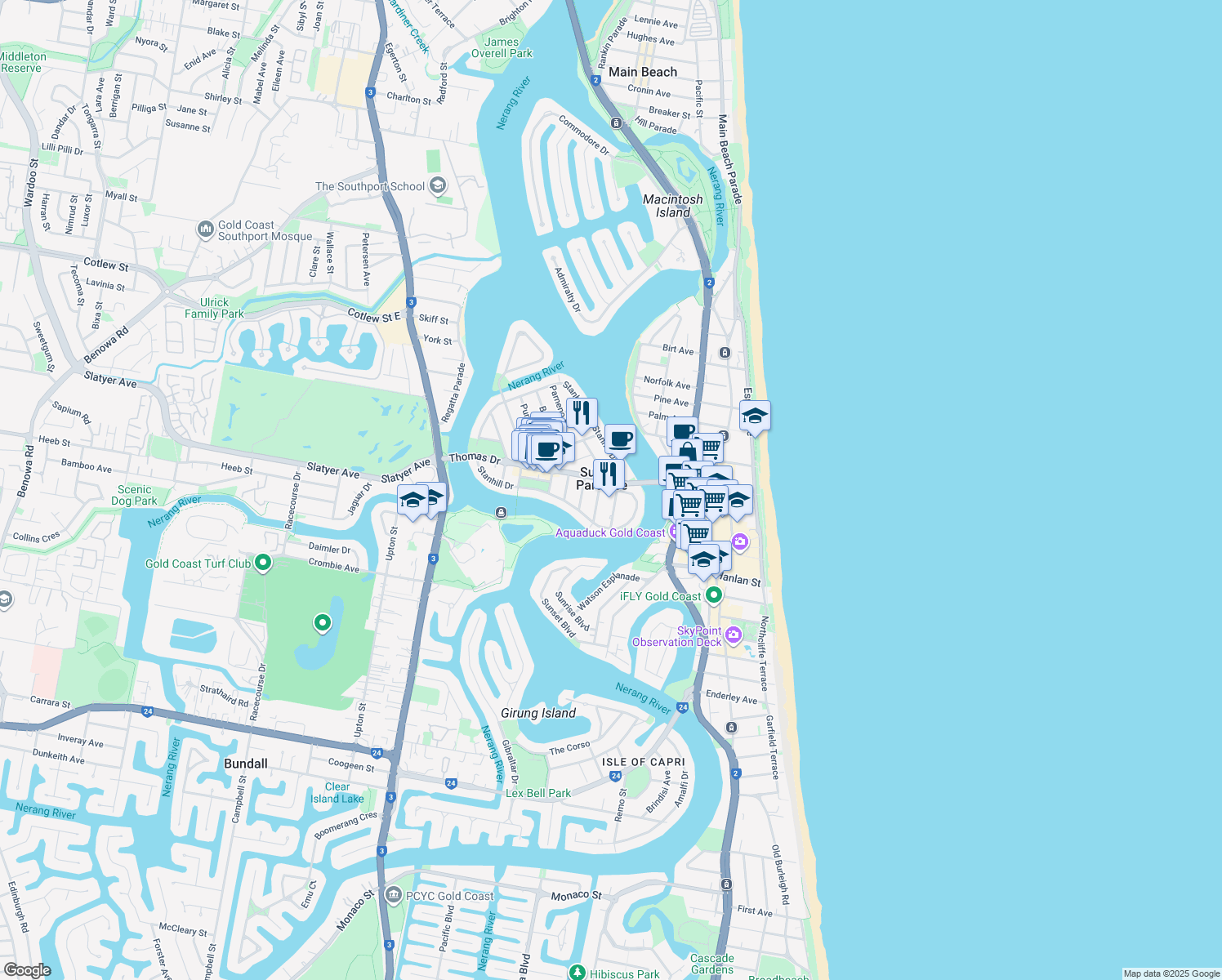 map of restaurants, bars, coffee shops, grocery stores, and more near 26 Stanhill Drive in Surfers Paradise