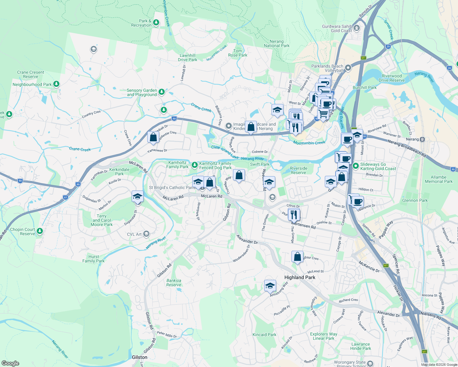 map of restaurants, bars, coffee shops, grocery stores, and more near 18 Galahad Court in Nerang