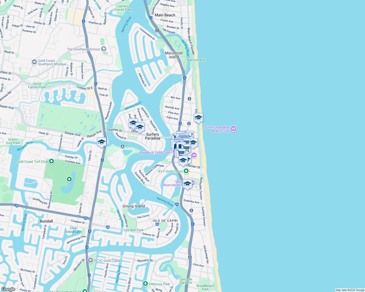 map of restaurants, bars, coffee shops, grocery stores, and more near 23 Ferny Avenue in Surfers Paradise