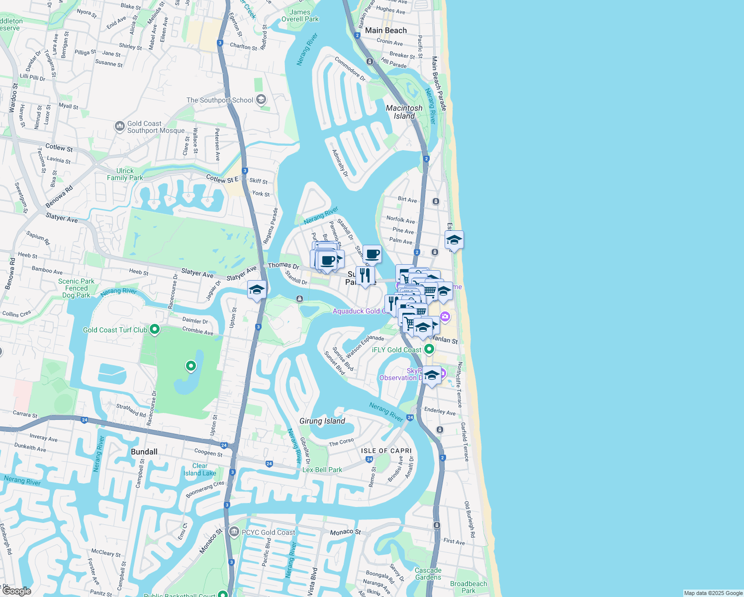 map of restaurants, bars, coffee shops, grocery stores, and more near 9 Stanhill Drive in Surfers Paradise