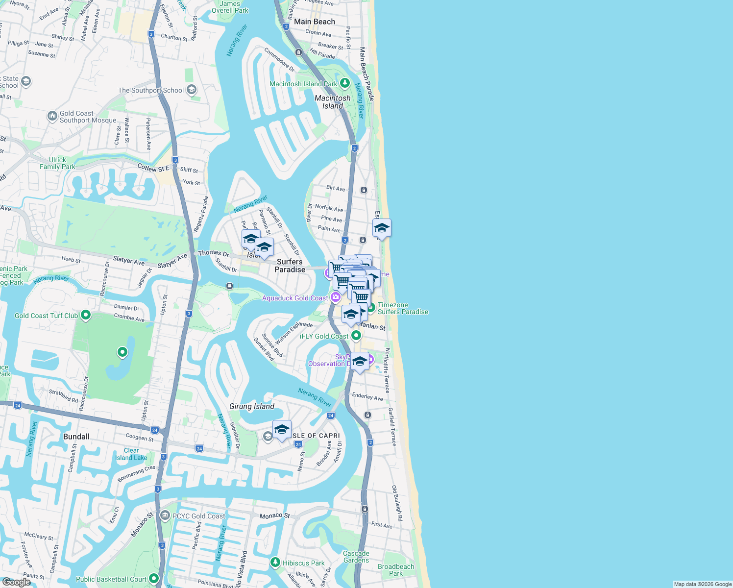map of restaurants, bars, coffee shops, grocery stores, and more near 18 Orchid Avenue in Surfers Paradise
