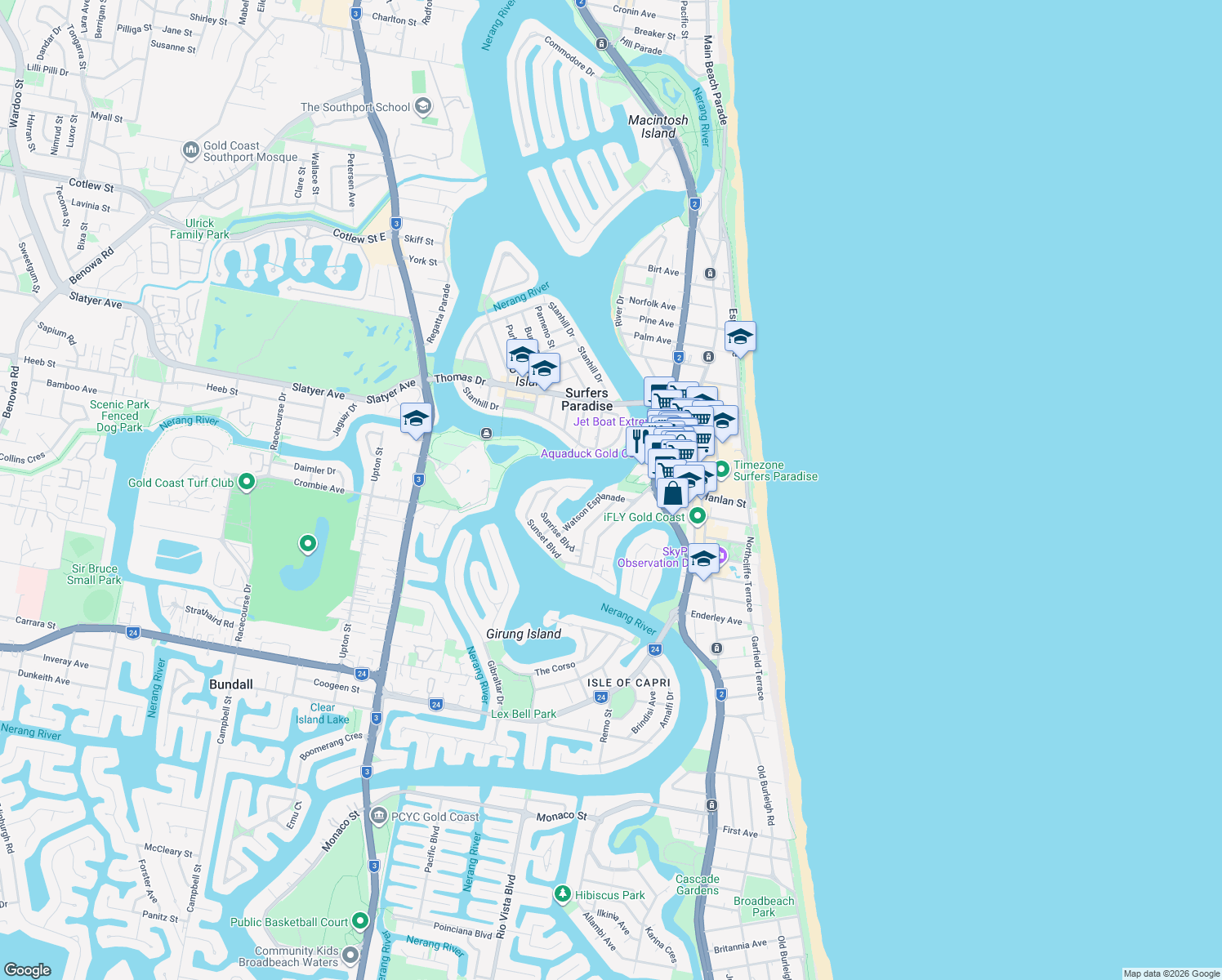 map of restaurants, bars, coffee shops, grocery stores, and more near 30 Watson Esplanade in Surfers Paradise