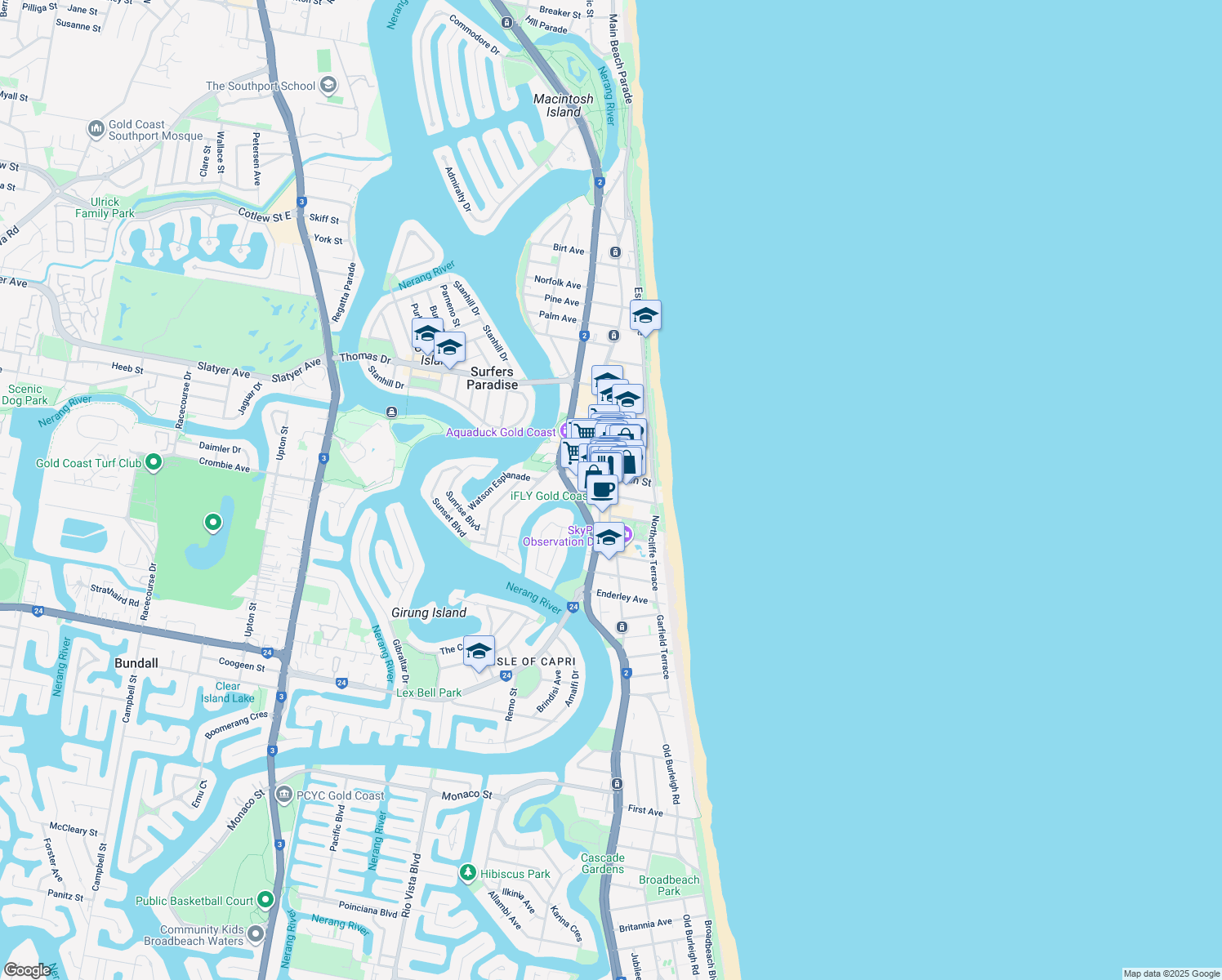 map of restaurants, bars, coffee shops, grocery stores, and more near 3049 Surfers Paradise Boulevard in Surfers Paradise