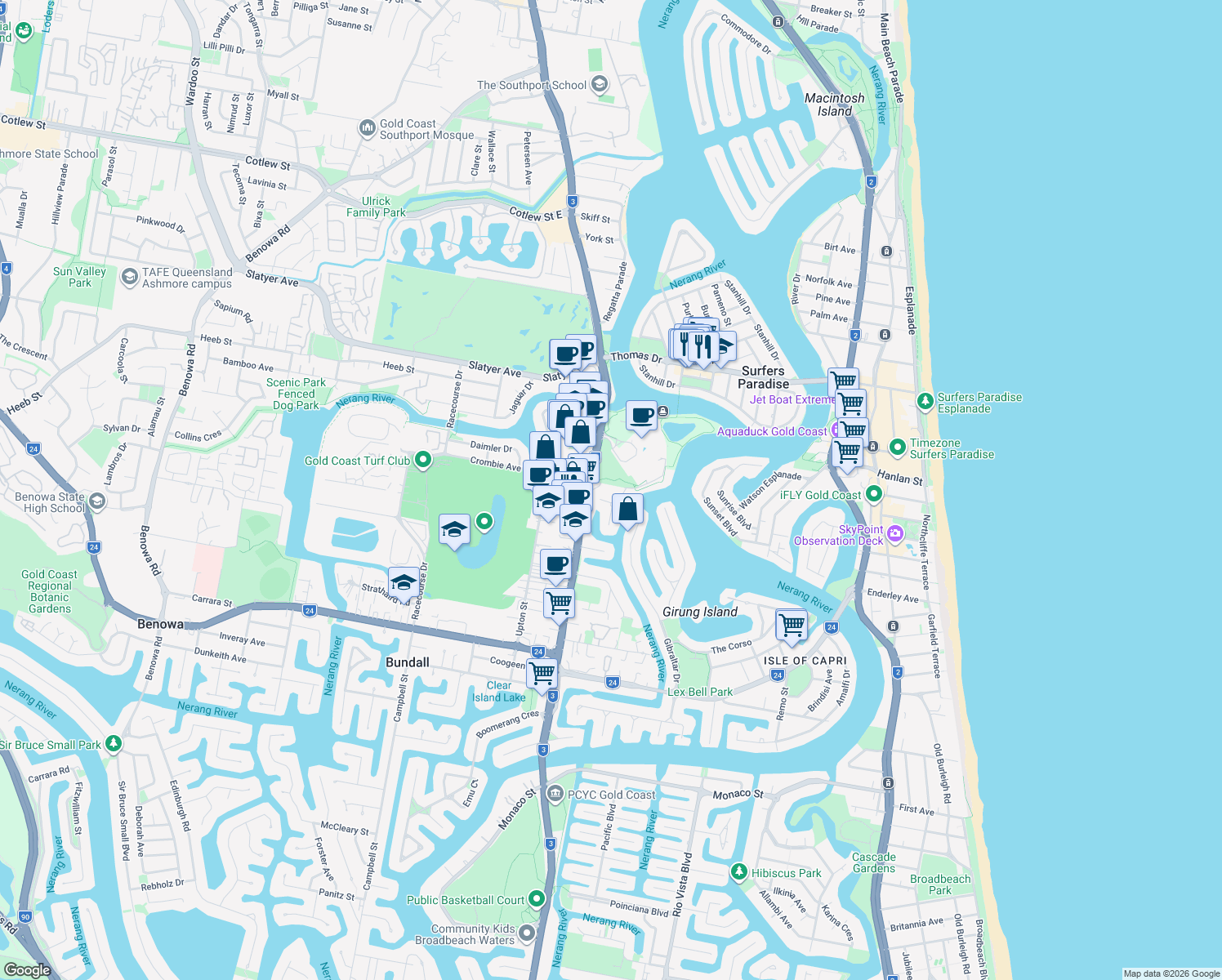 map of restaurants, bars, coffee shops, grocery stores, and more near 10 Crombie Avenue in Surfers Paradise