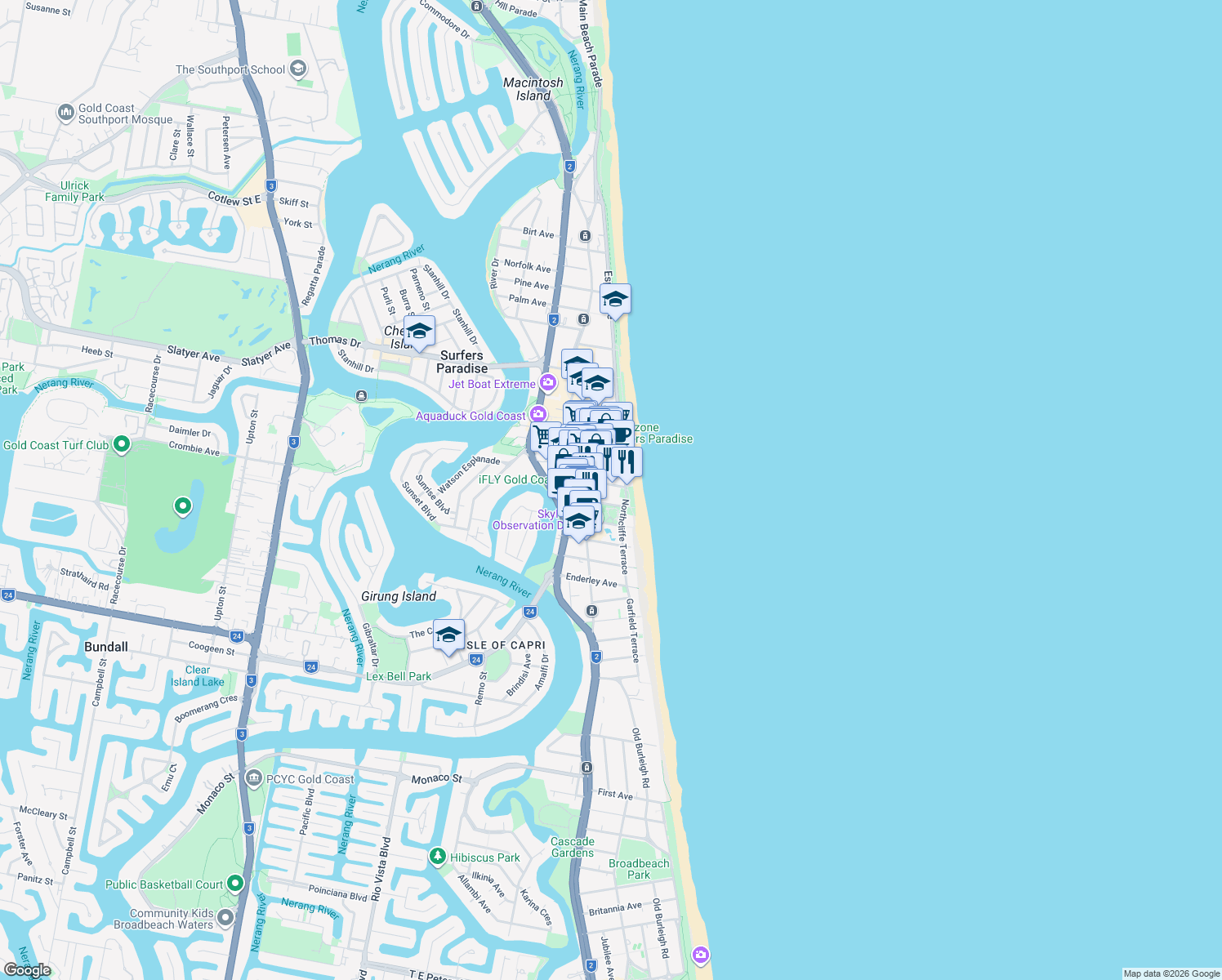 map of restaurants, bars, coffee shops, grocery stores, and more near 8 Trickett Street in Surfers Paradise