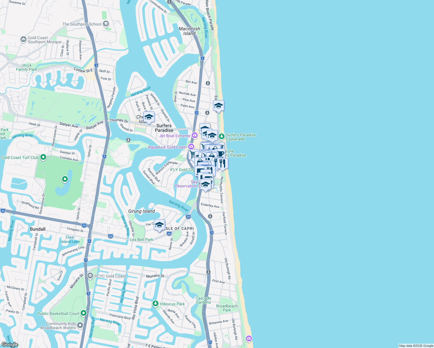 map of restaurants, bars, coffee shops, grocery stores, and more near 8-12 Trickett Street in Surfers Paradise