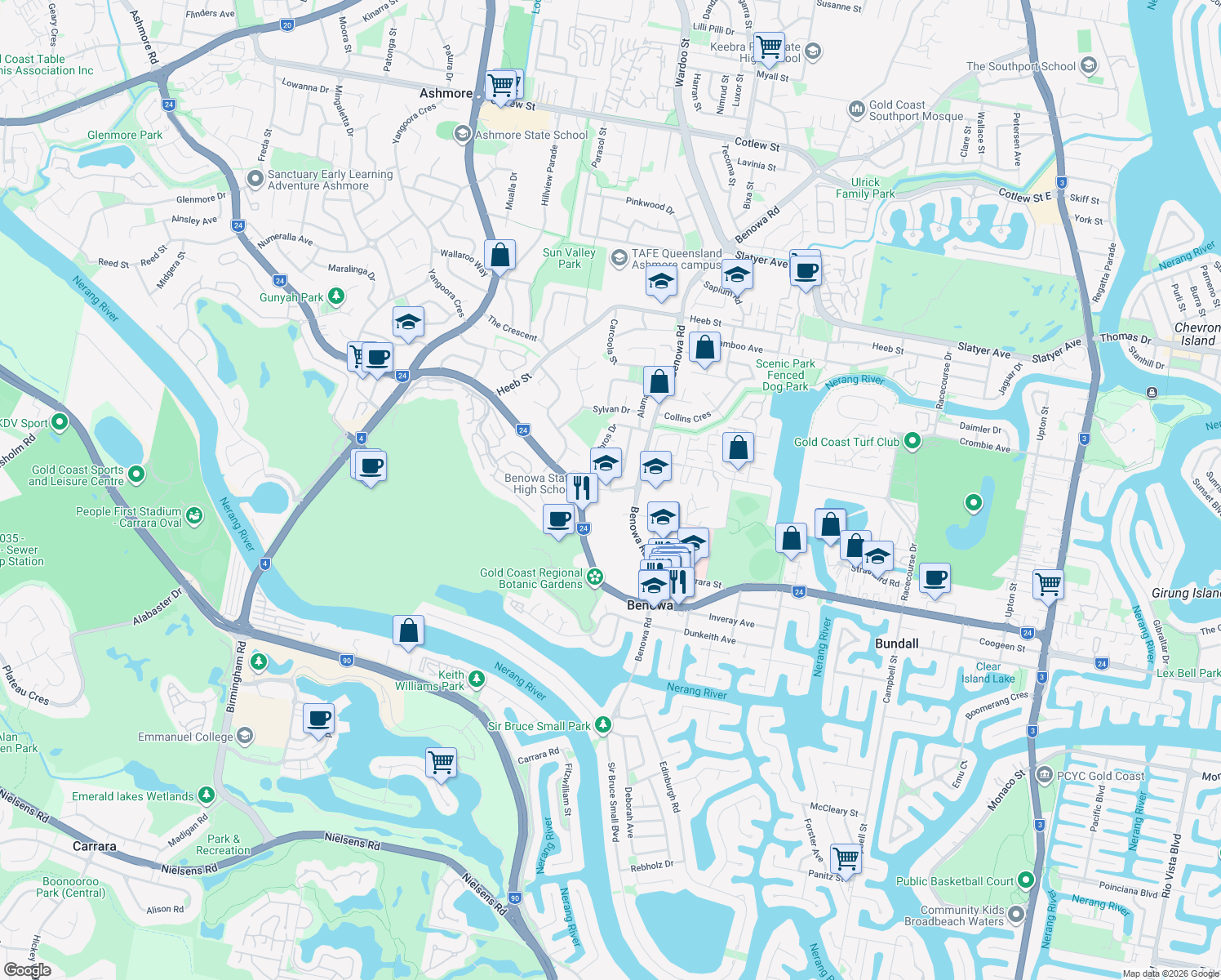 map of restaurants, bars, coffee shops, grocery stores, and more near Mediterranean Drive in Benowa