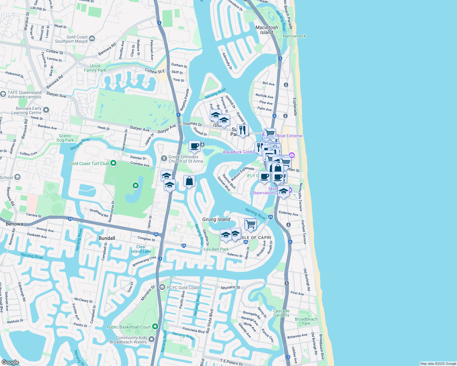 map of restaurants, bars, coffee shops, grocery stores, and more near 18 Sunrise Boulevard in Surfers Paradise