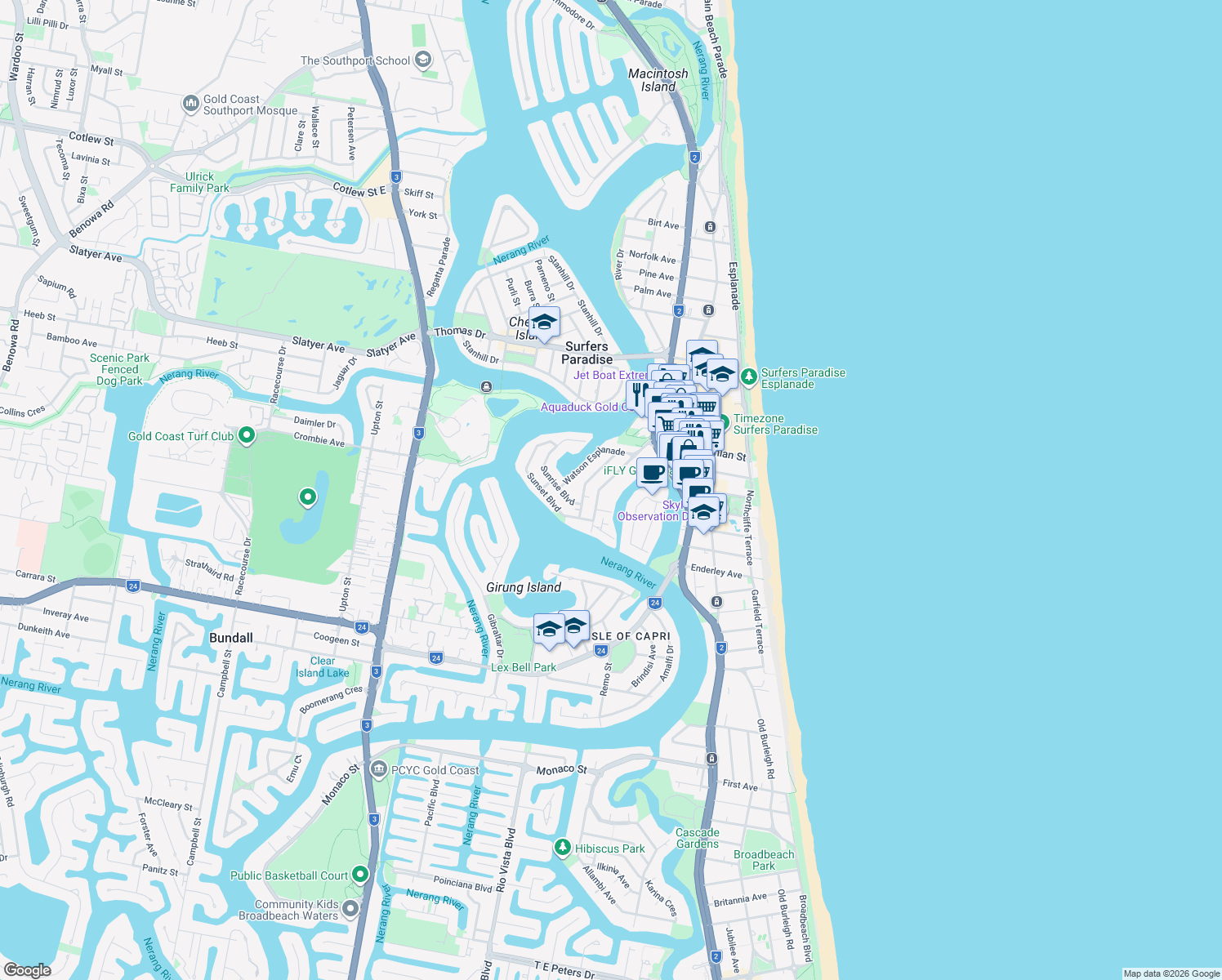 map of restaurants, bars, coffee shops, grocery stores, and more near 29 Peninsular Drive in Surfers Paradise