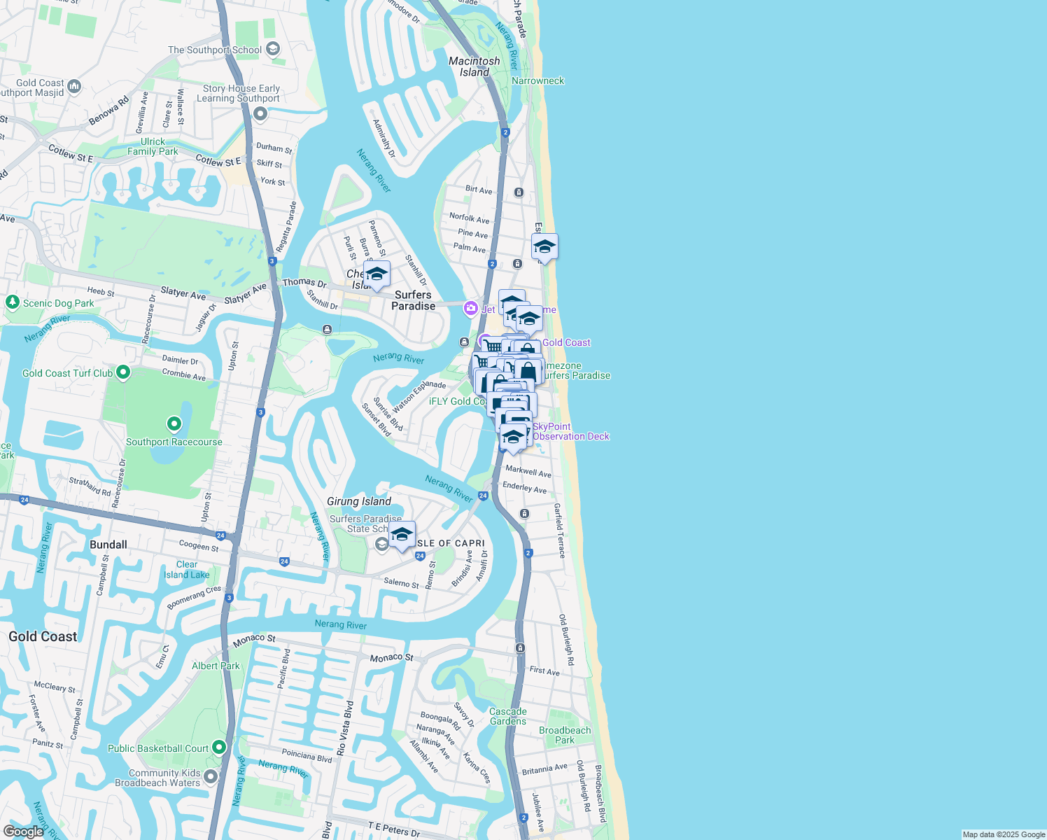 map of restaurants, bars, coffee shops, grocery stores, and more near Laycock Street in Surfers Paradise