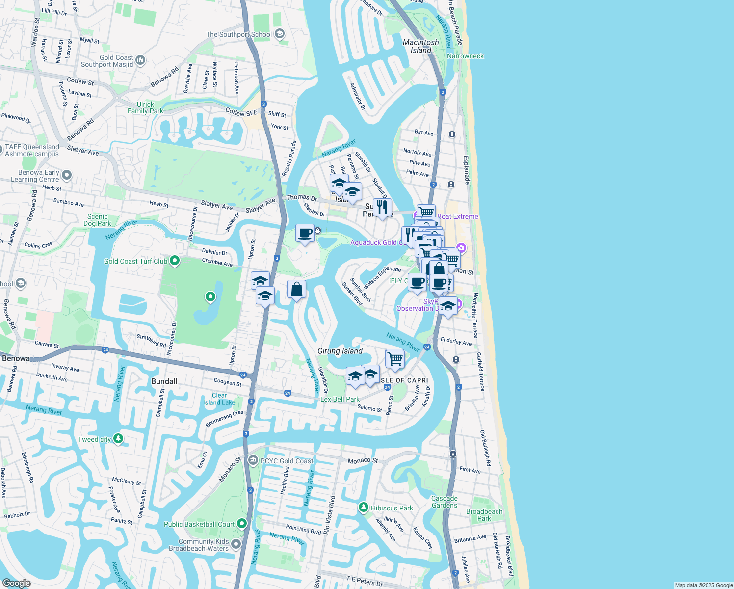 map of restaurants, bars, coffee shops, grocery stores, and more near 7 Sunrise Boulevard in Surfers Paradise