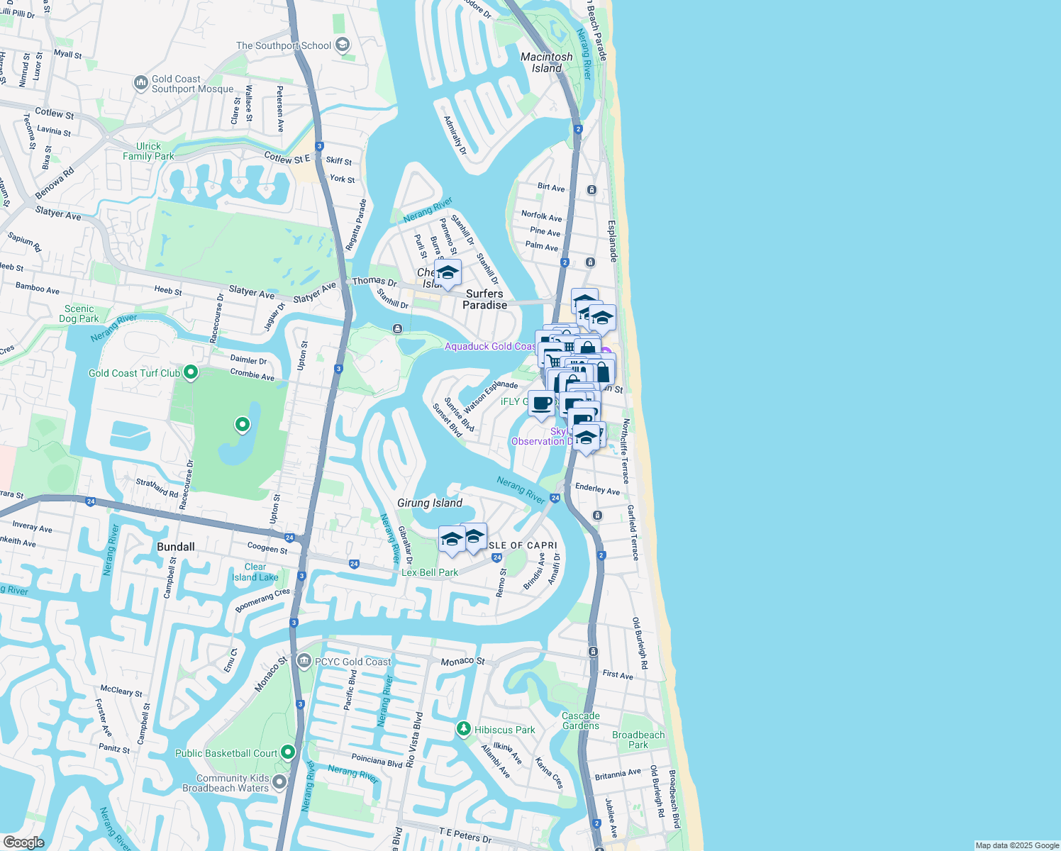 map of restaurants, bars, coffee shops, grocery stores, and more near 12 Paradise Island in Surfers Paradise