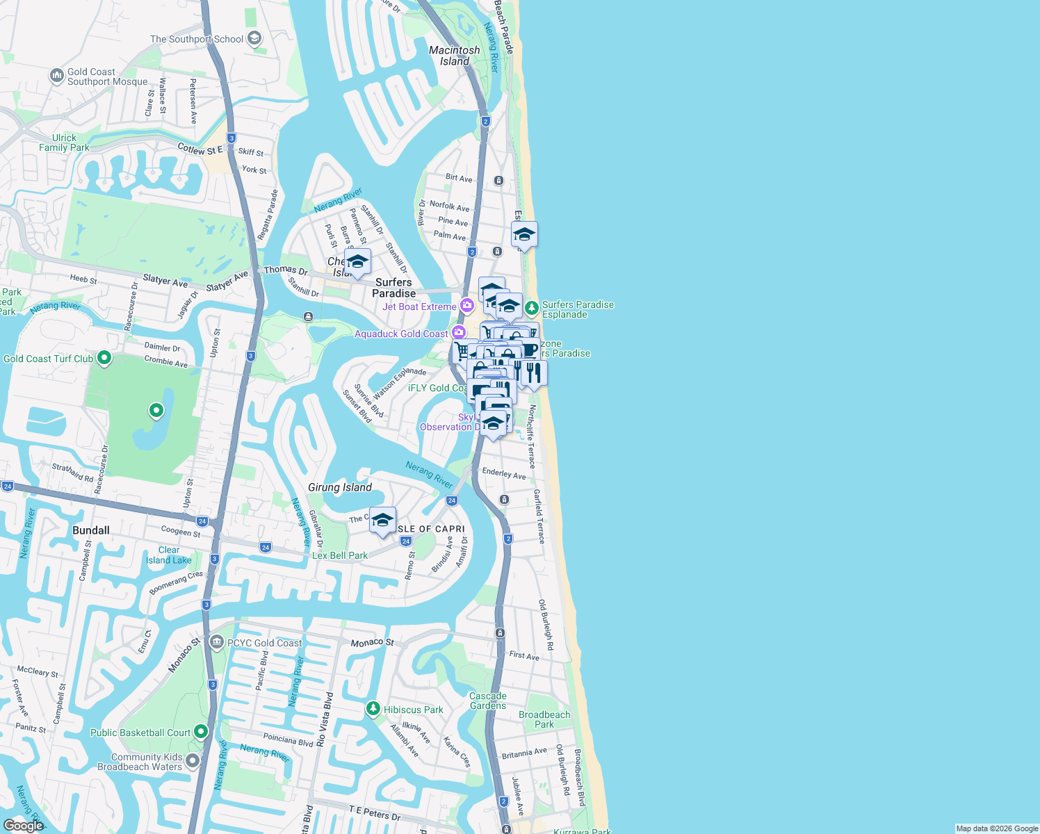 map of restaurants, bars, coffee shops, grocery stores, and more near 5 Clifford Street in Surfers Paradise