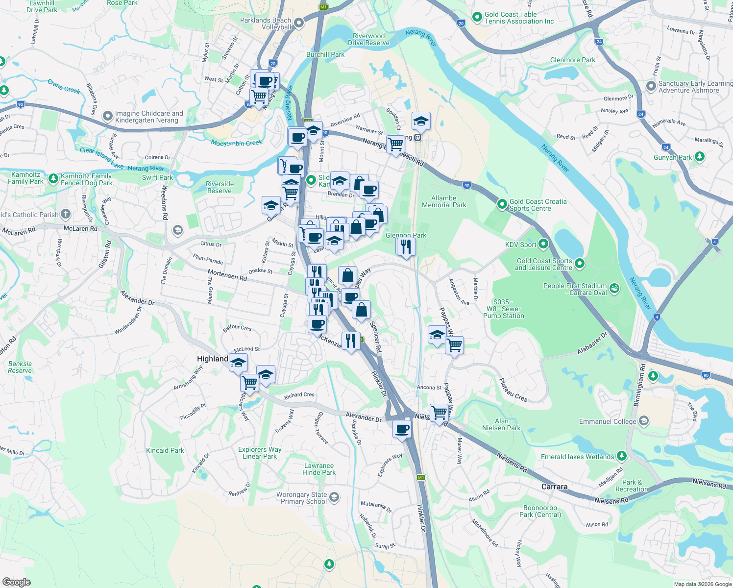 map of restaurants, bars, coffee shops, grocery stores, and more near 82 Paddington Drive in Carrara