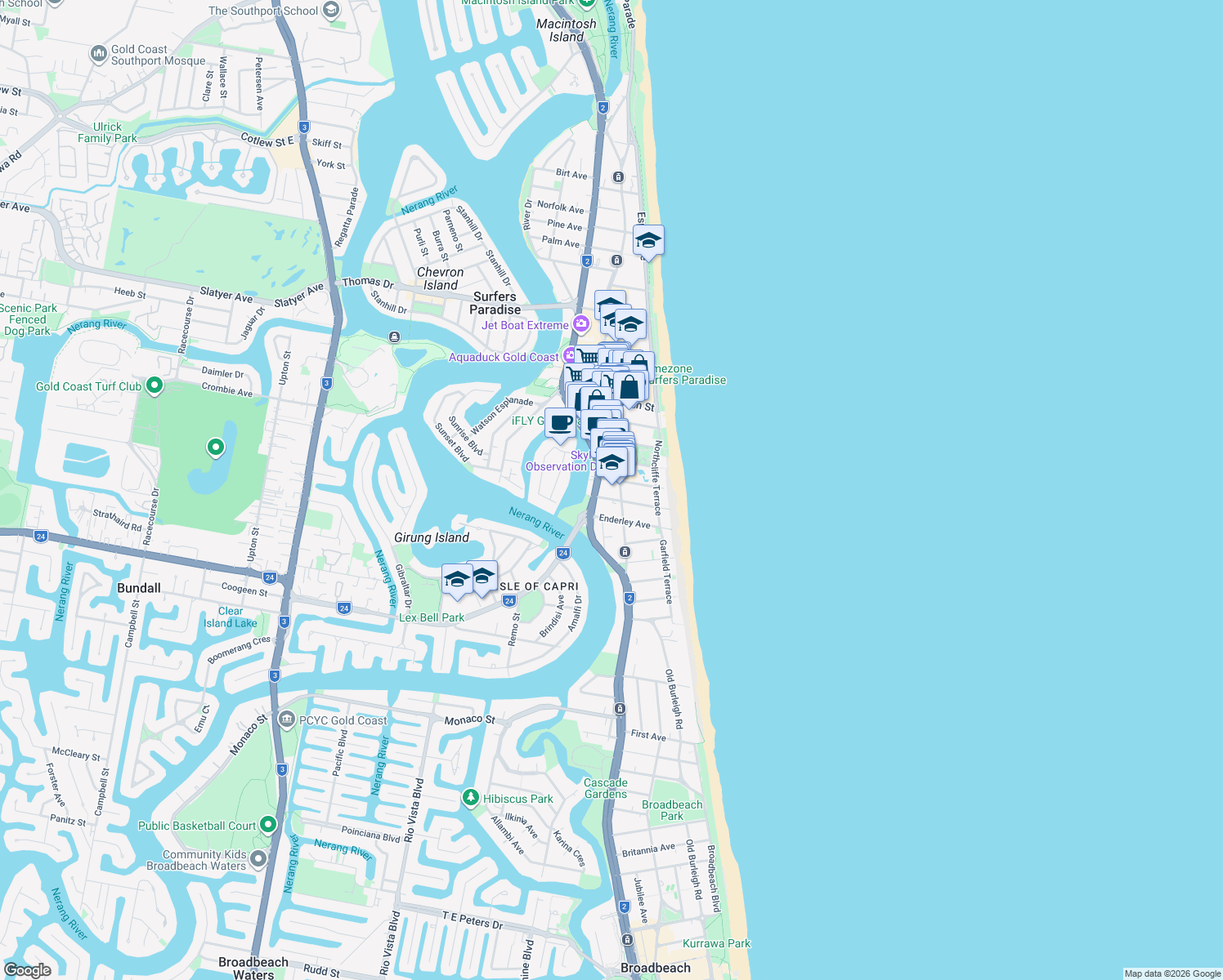 map of restaurants, bars, coffee shops, grocery stores, and more near 3018-3030 Surfers Paradise Boulevard in Surfers Paradise