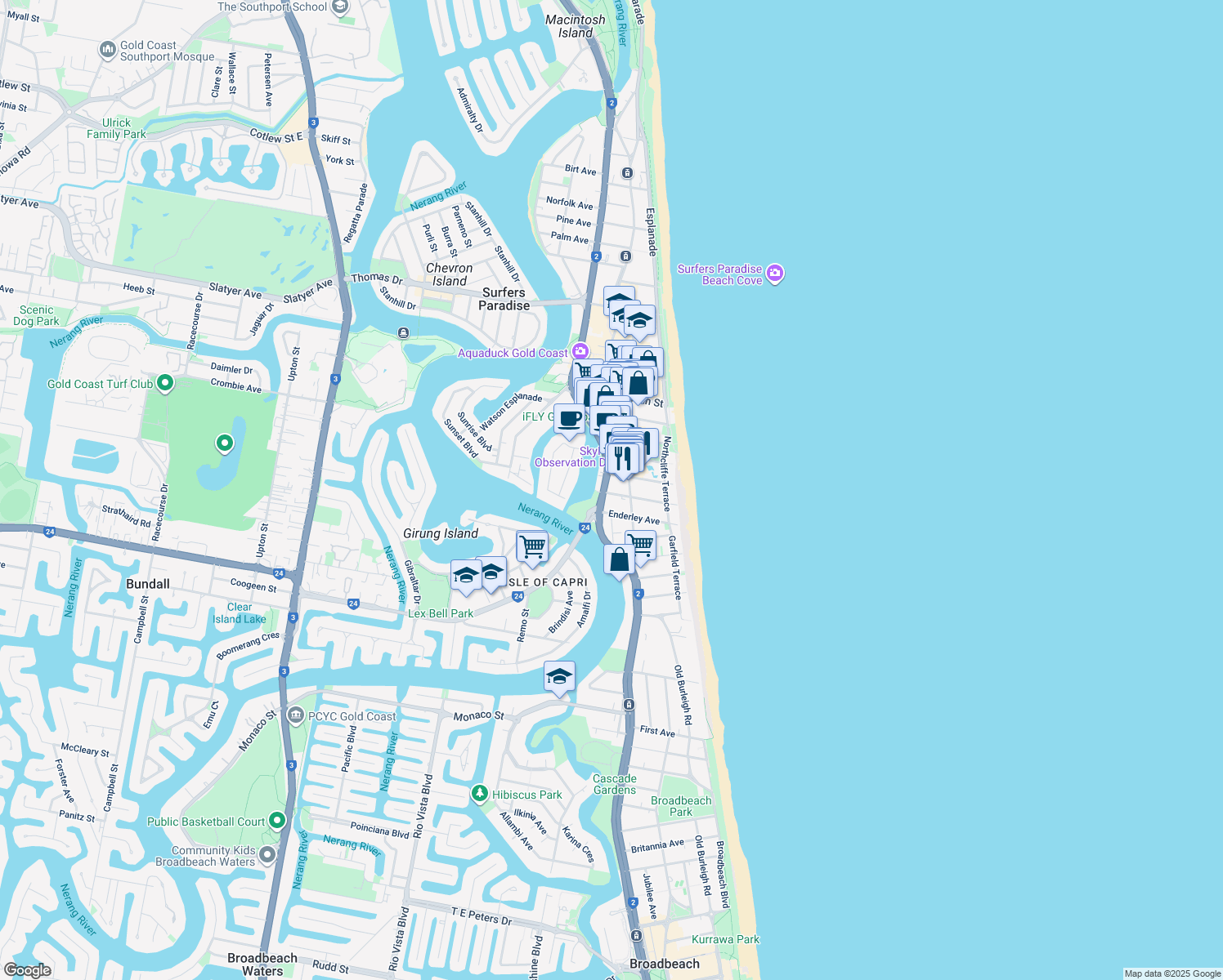map of restaurants, bars, coffee shops, grocery stores, and more near 41 Markwell Avenue in Surfers Paradise