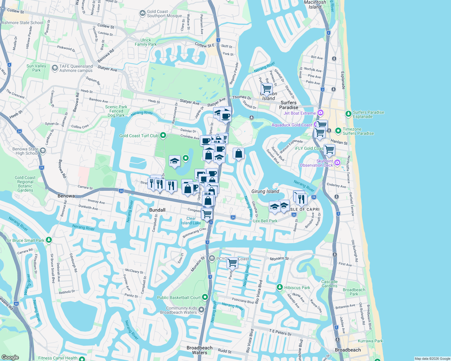 map of restaurants, bars, coffee shops, grocery stores, and more near 10 Vespa Crescent in Surfers Paradise