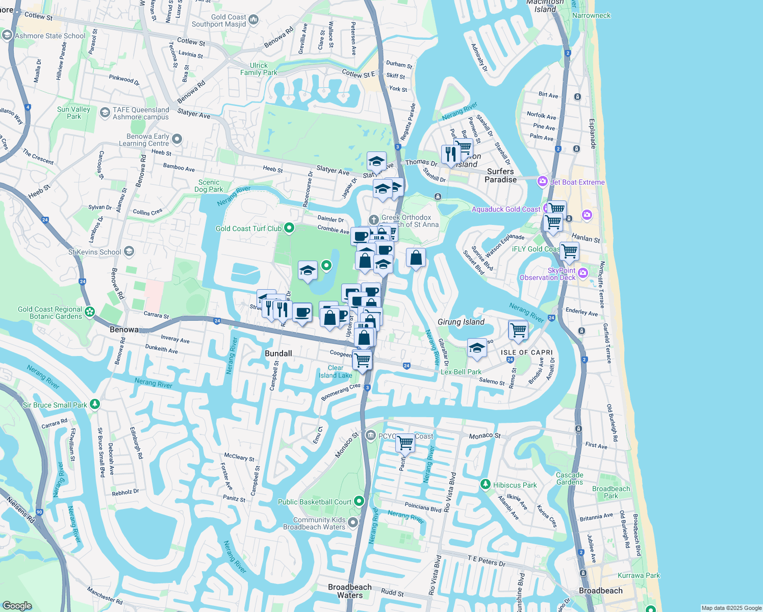 map of restaurants, bars, coffee shops, grocery stores, and more near 57 Bundall Road in Bundall