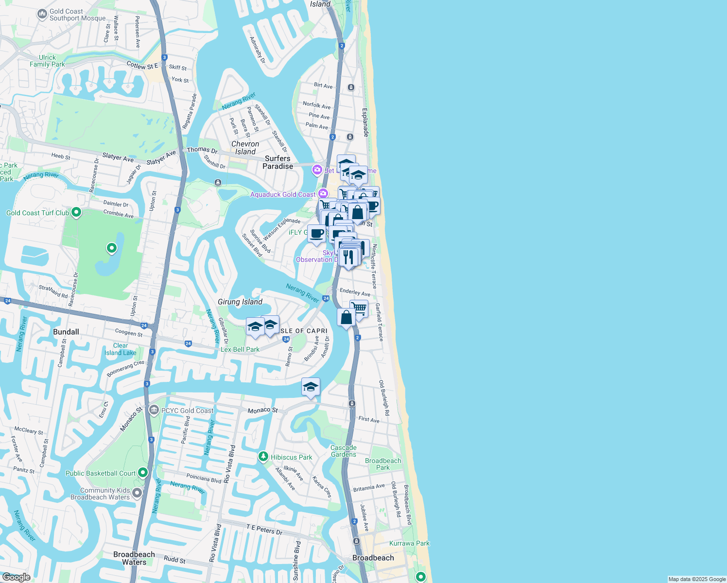 map of restaurants, bars, coffee shops, grocery stores, and more near 5 Enderley Avenue in Gold Coast