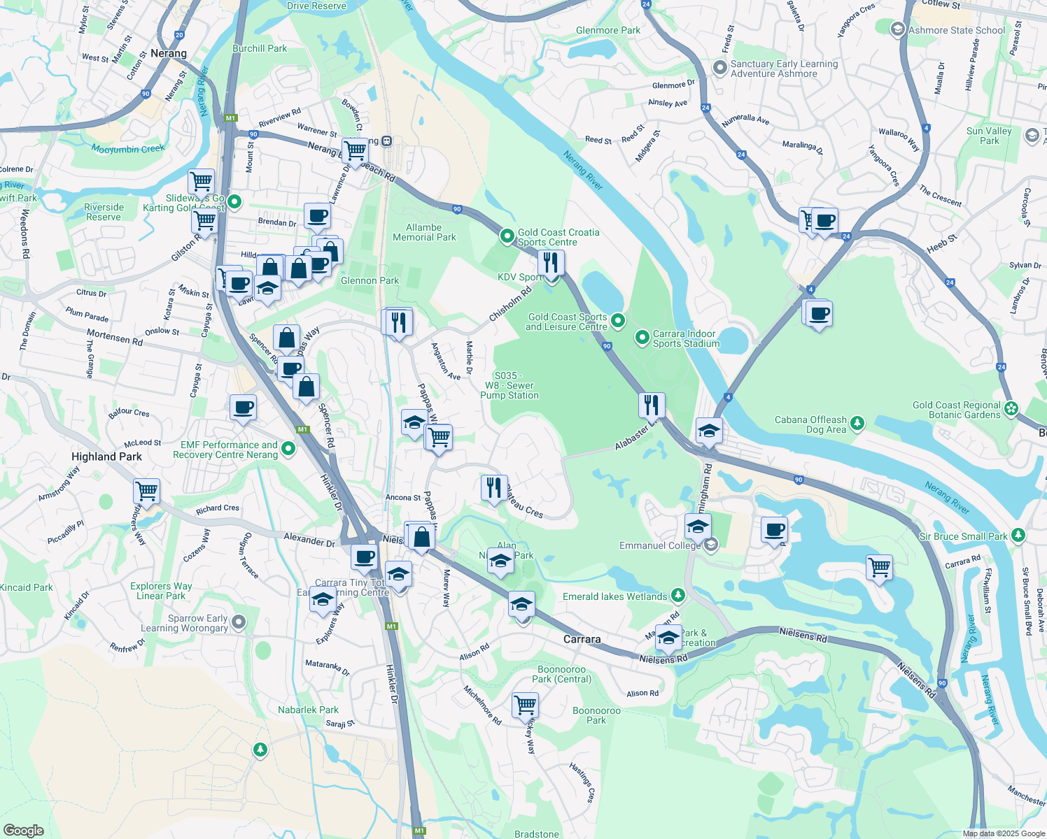 map of restaurants, bars, coffee shops, grocery stores, and more near 29 Cairngorm Street in Carrara