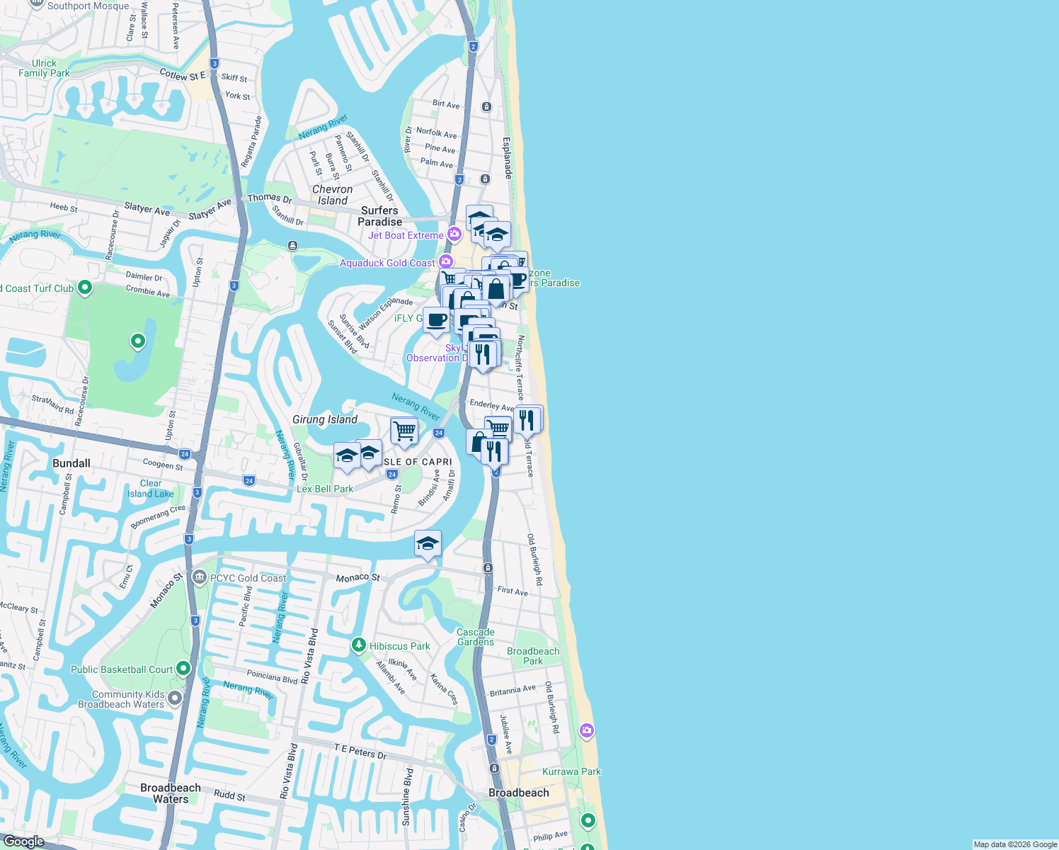 map of restaurants, bars, coffee shops, grocery stores, and more near 69 Garfield Terrace in Surfers Paradise