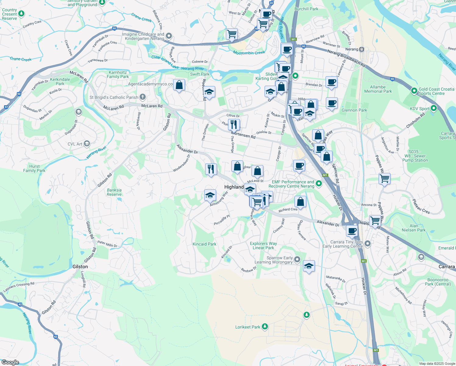 map of restaurants, bars, coffee shops, grocery stores, and more near 1 Kilpatrick Court in Highland Park