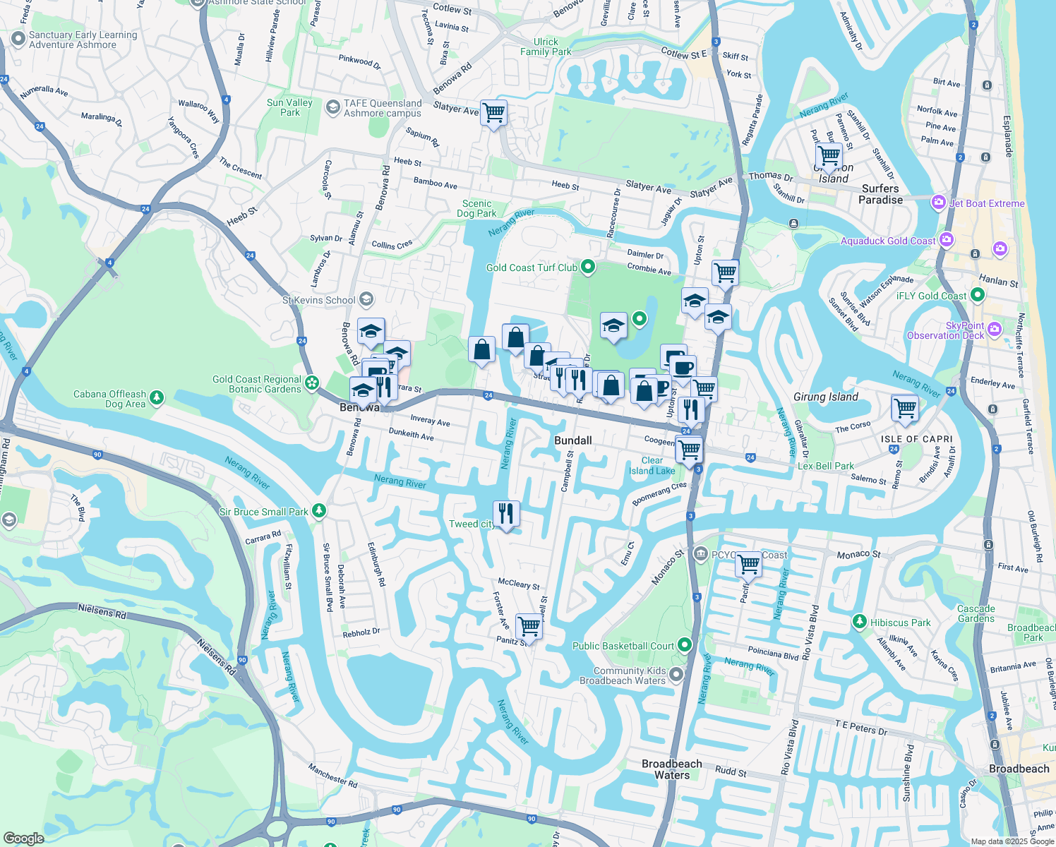 map of restaurants, bars, coffee shops, grocery stores, and more near 54 Claymore Crescent in Bundall