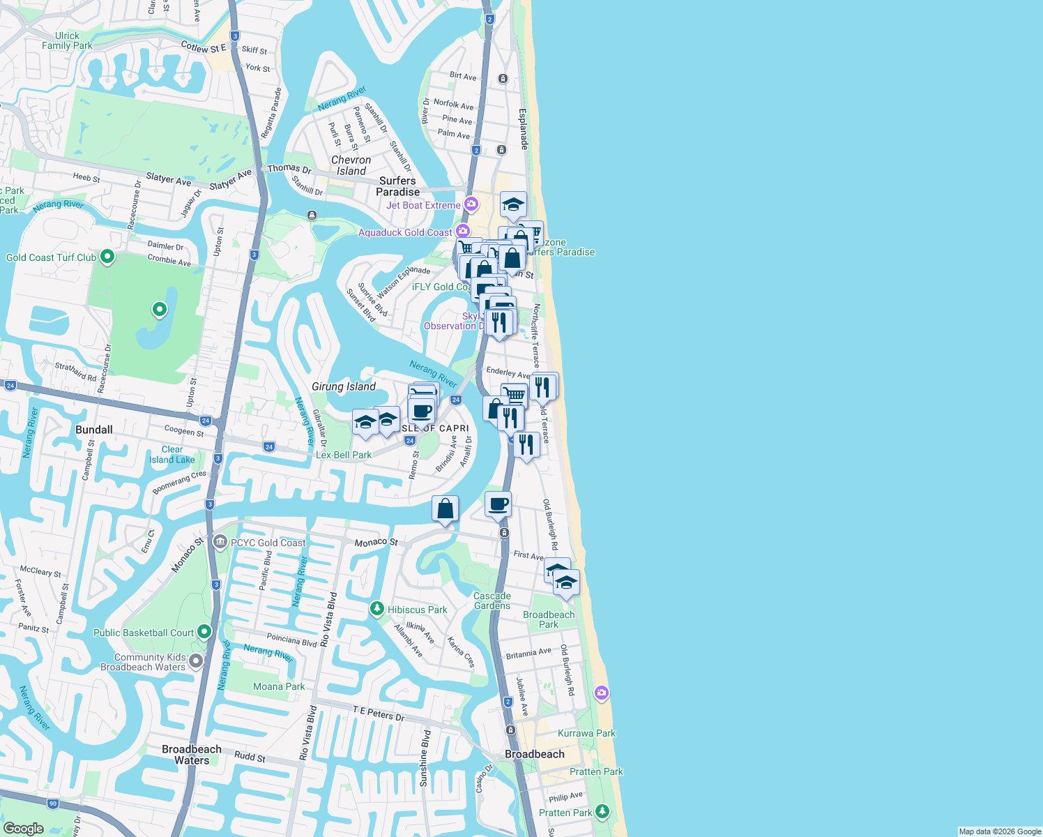 map of restaurants, bars, coffee shops, grocery stores, and more near 19 Aubrey Street in Surfers Paradise