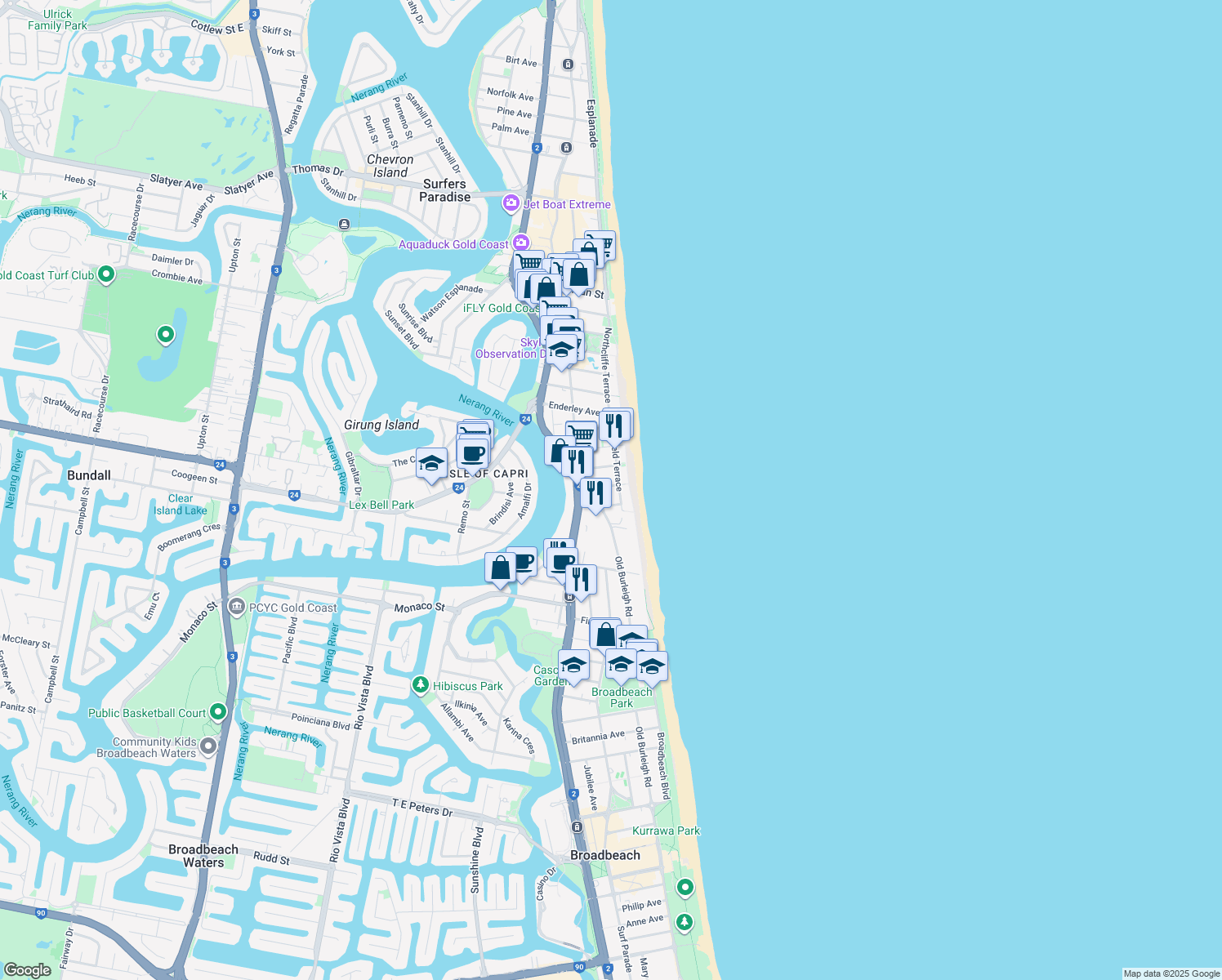 map of restaurants, bars, coffee shops, grocery stores, and more near 8 Frederick Street in Surfers Paradise