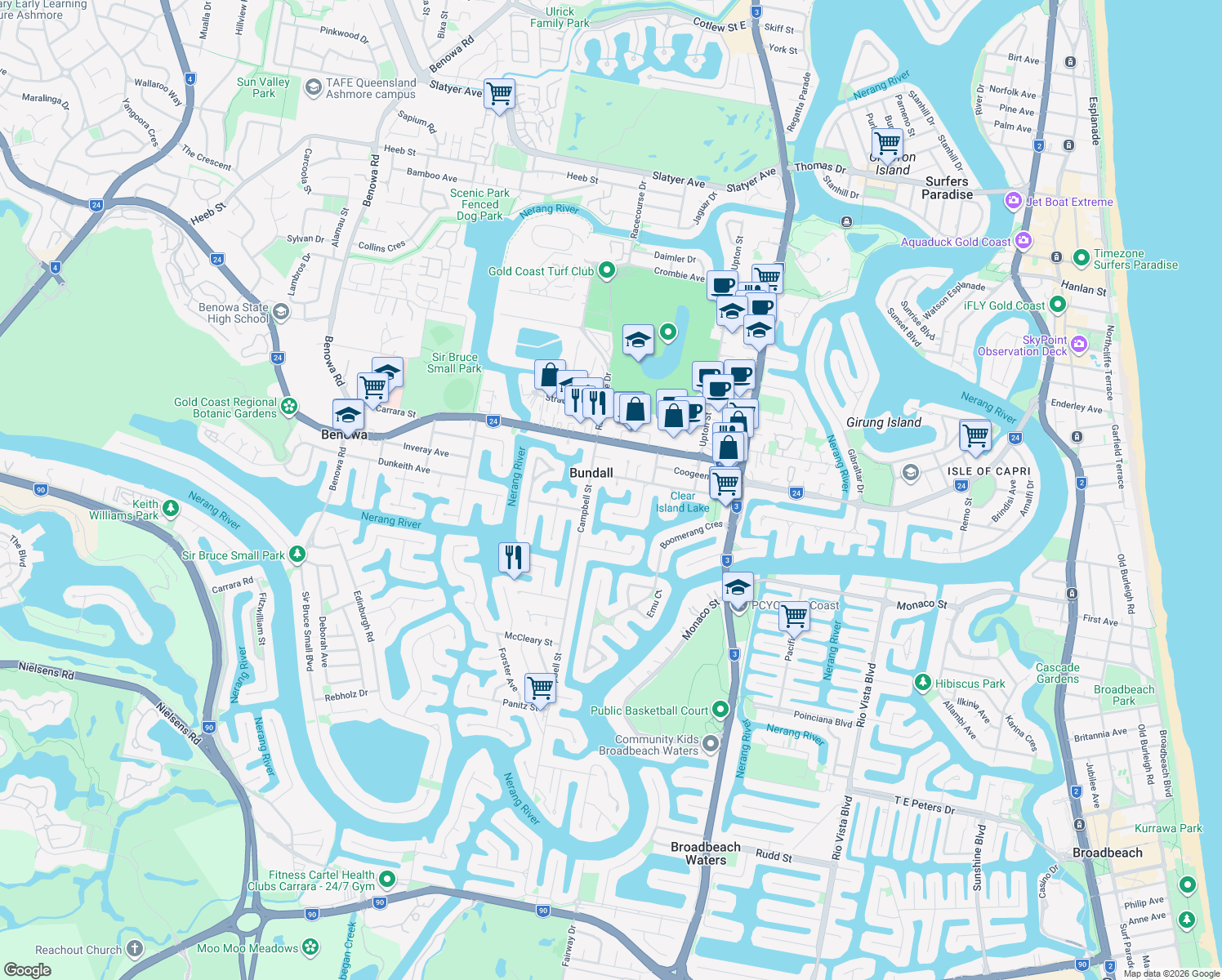 map of restaurants, bars, coffee shops, grocery stores, and more near 3 Laurel Court in Bundall