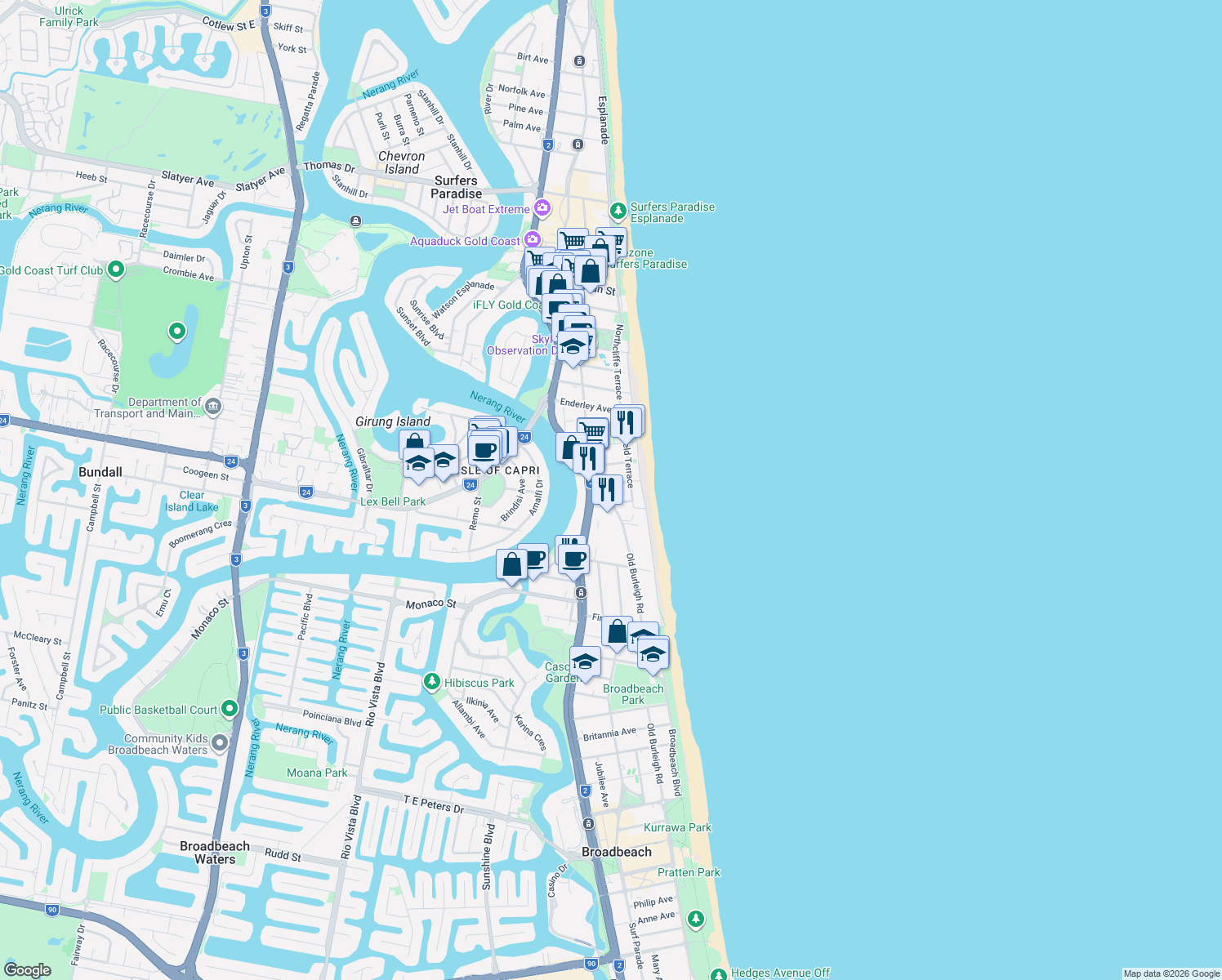 map of restaurants, bars, coffee shops, grocery stores, and more near 22 Frederick Street in Surfers Paradise