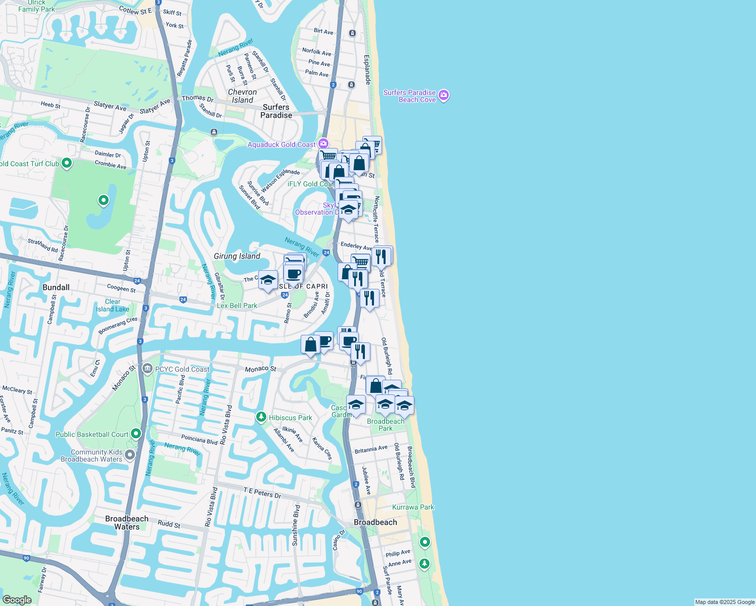 map of restaurants, bars, coffee shops, grocery stores, and more near 7 Fern Street in Surfers Paradise