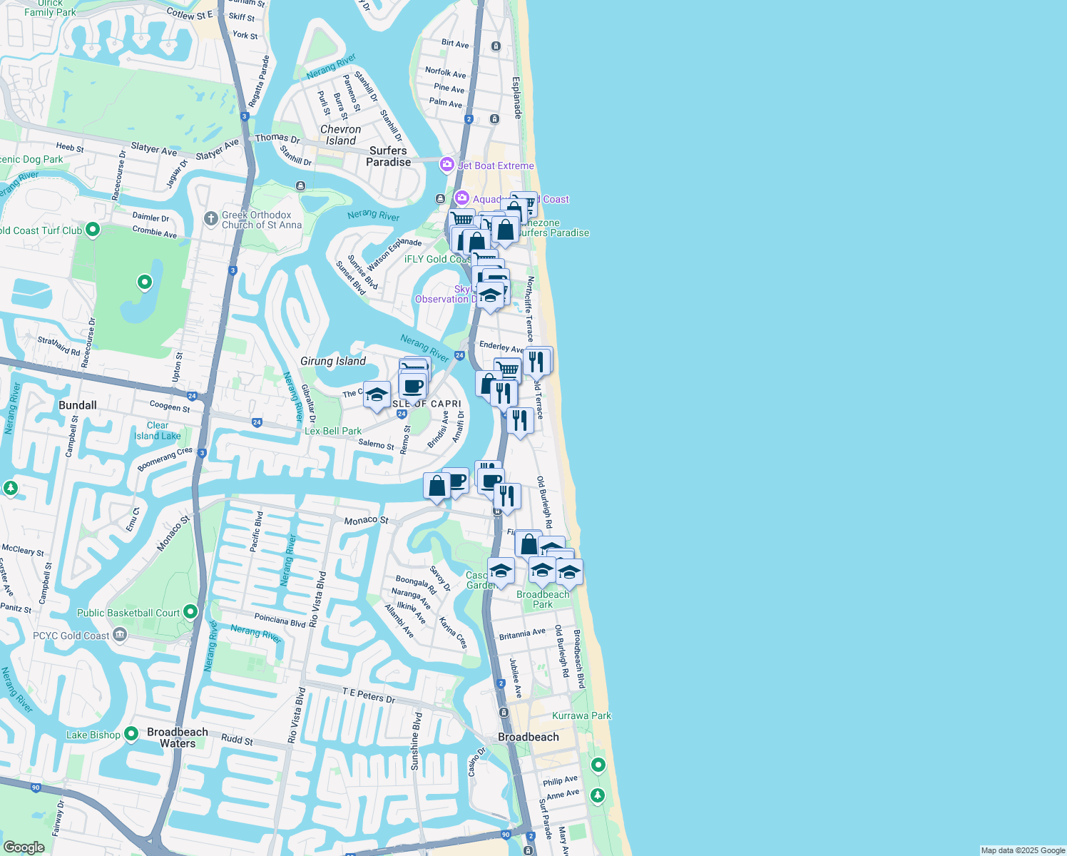 map of restaurants, bars, coffee shops, grocery stores, and more near 7 Fern Street in Surfers Paradise