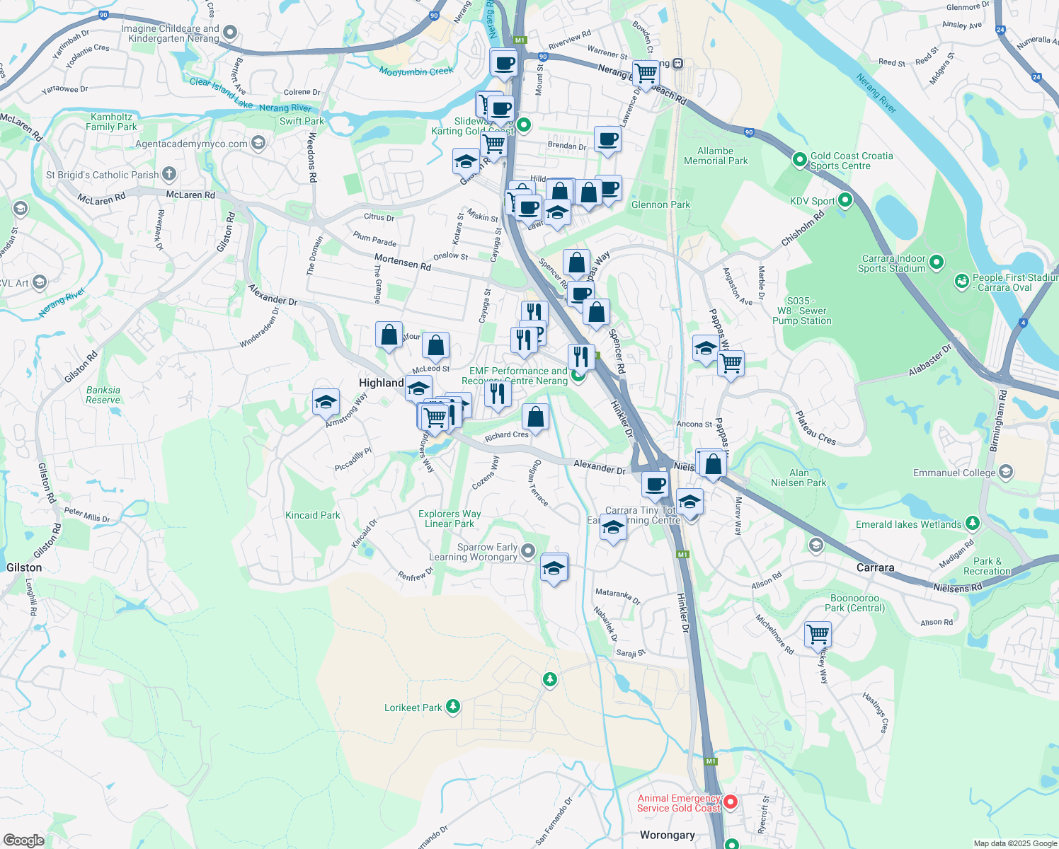 map of restaurants, bars, coffee shops, grocery stores, and more near 12 Wirth Terrace in Highland Park