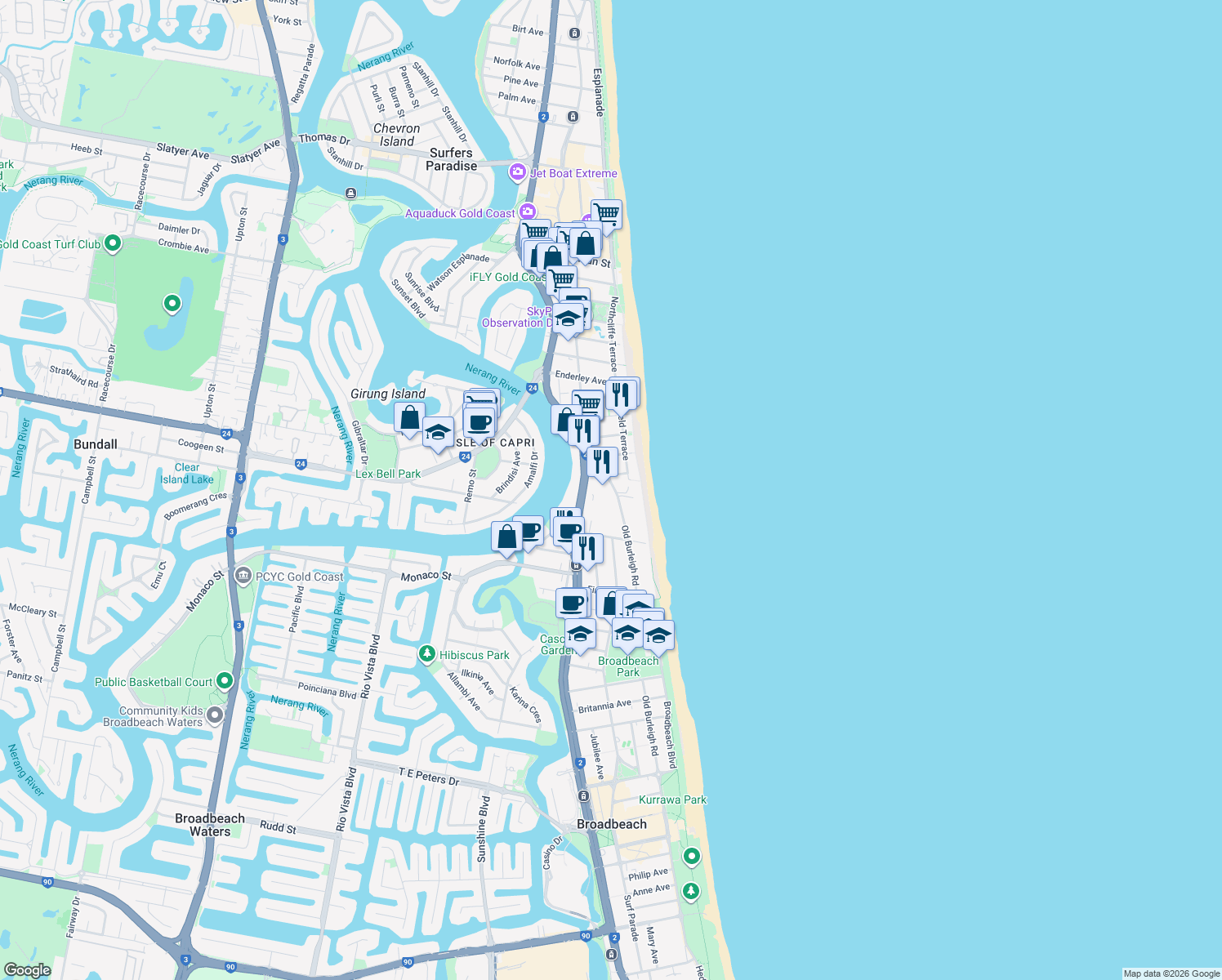 map of restaurants, bars, coffee shops, grocery stores, and more near 5 Old Burleigh Road in Surfers Paradise