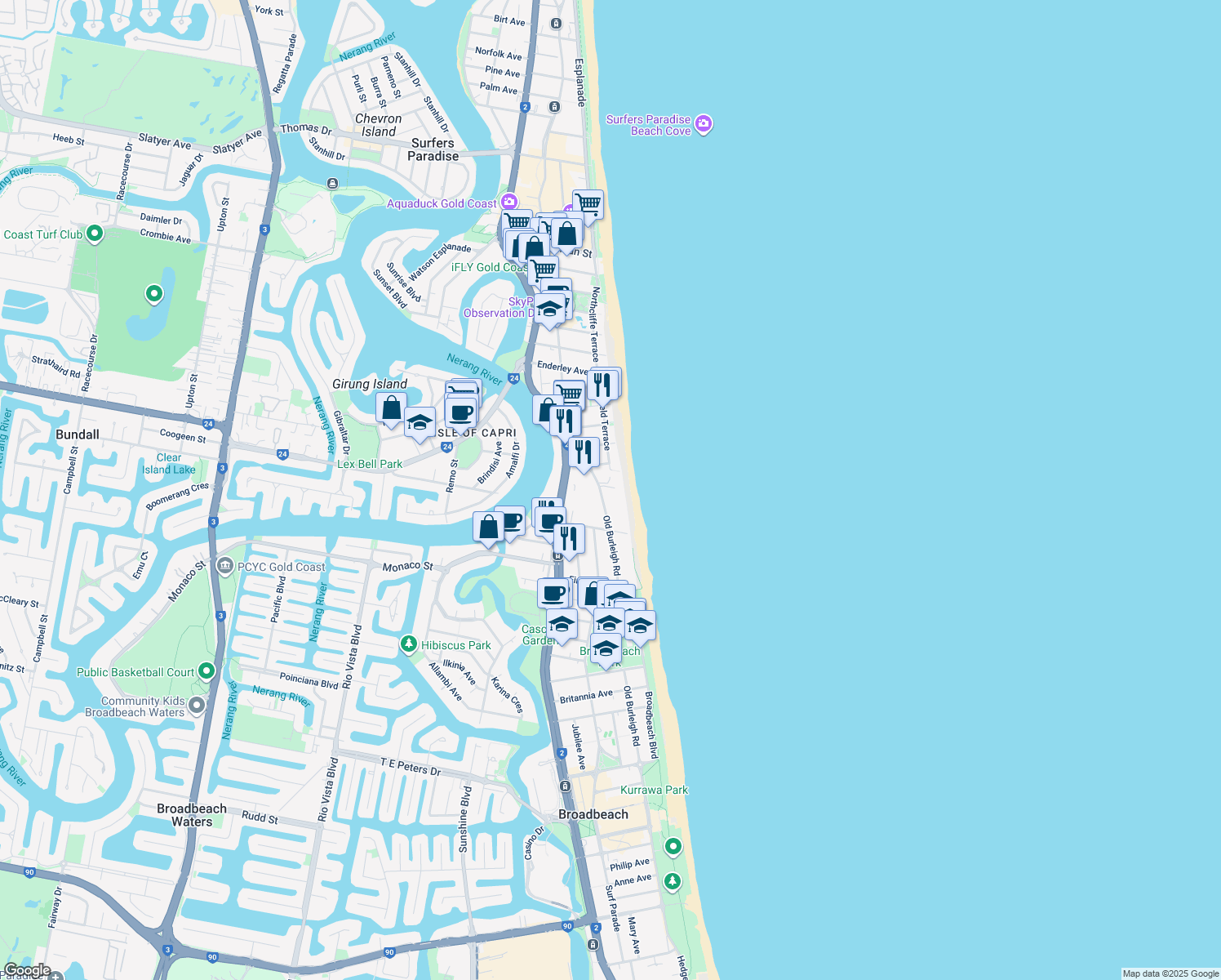 map of restaurants, bars, coffee shops, grocery stores, and more near 20 Old Burleigh Road in Surfers Paradise